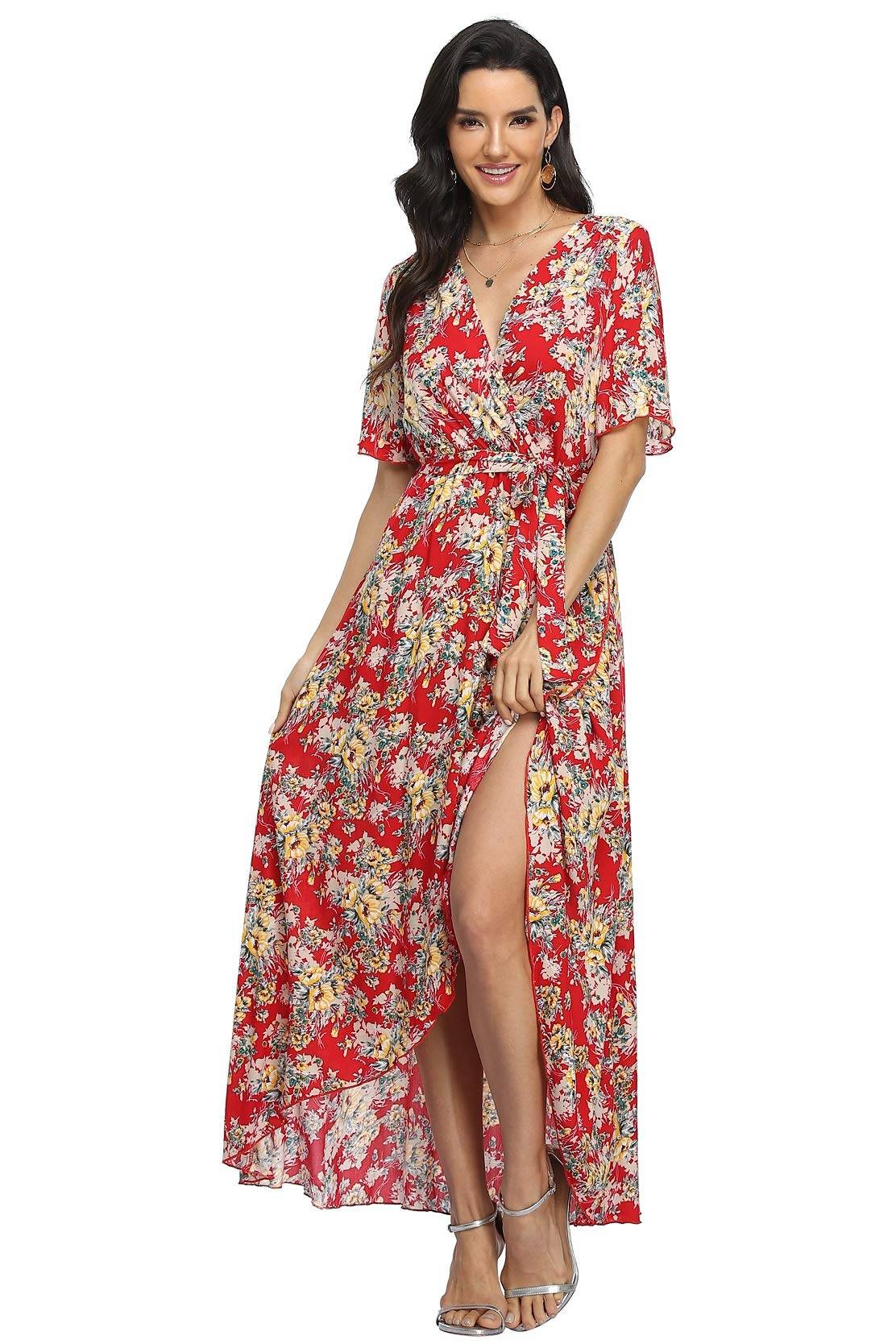 Women's Wrap V Neck Floral Summer Dresses Maxi