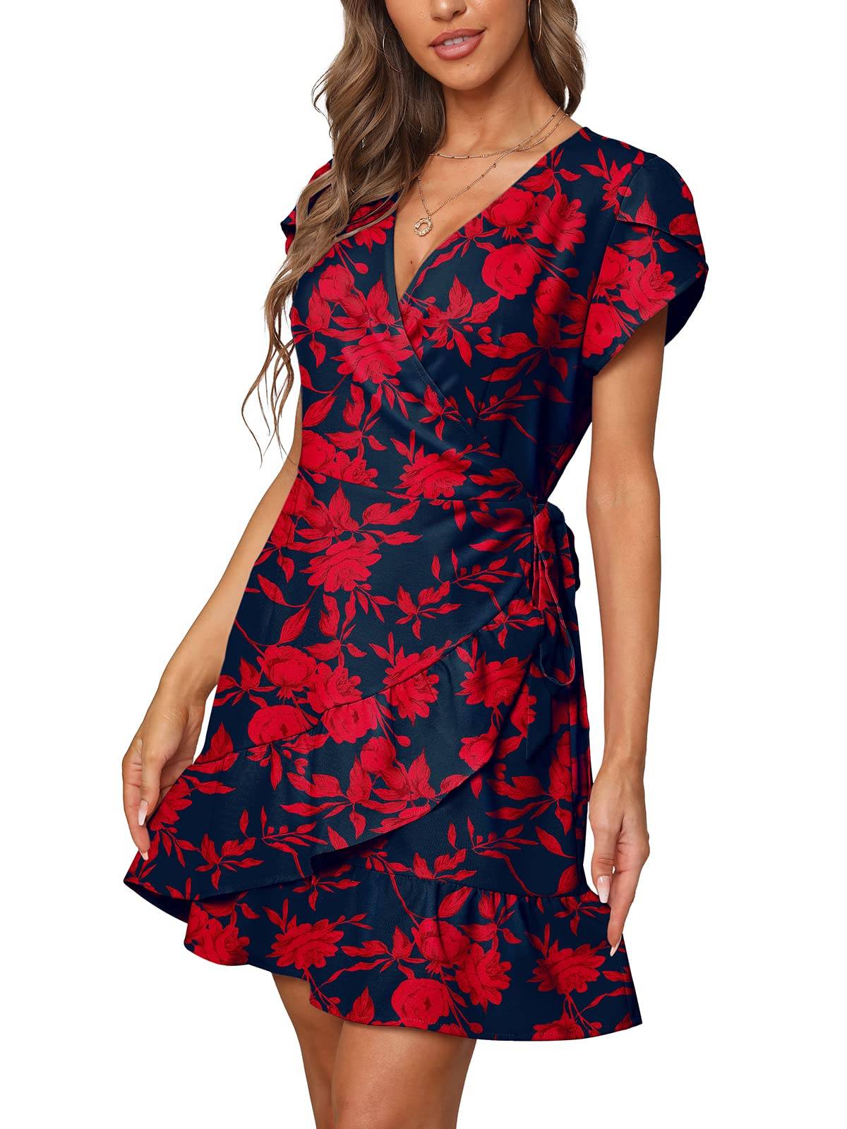 Summer V Neck Wrap Short Dress with Belt for Women