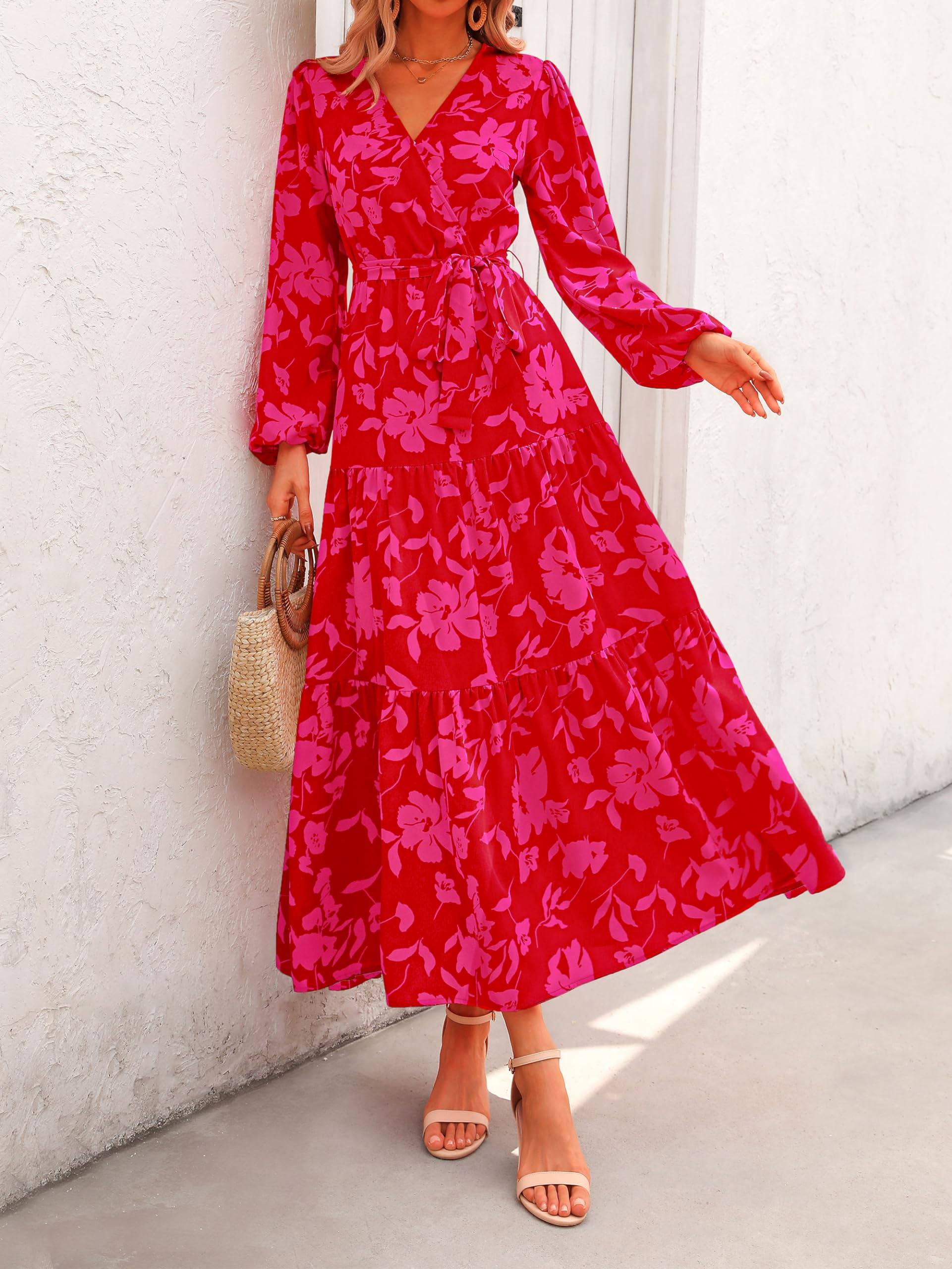 Womens Long Sleeve V Neck Floral Maxi Dress Boho