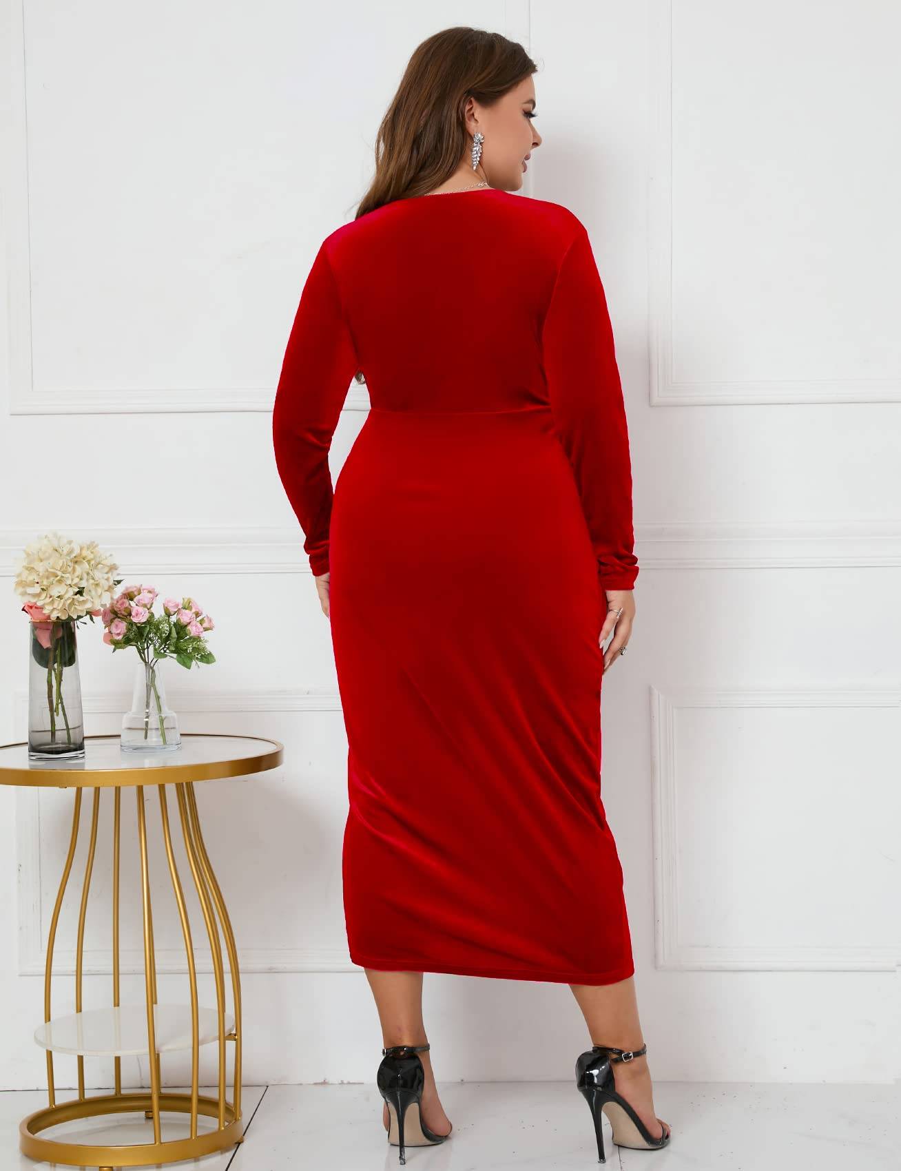 Plus Size Wrap Long Sleeves Ruffle Party Dress