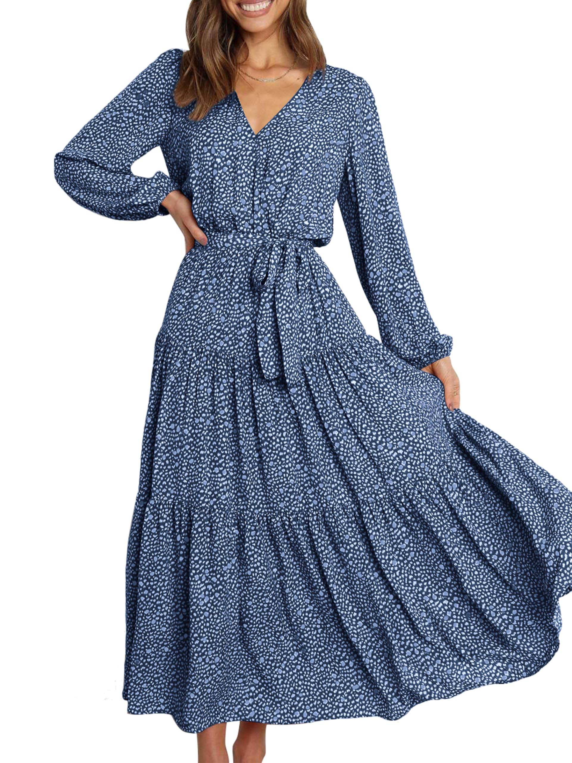 Womens Long Sleeve V Neck Floral Maxi Dress Boho