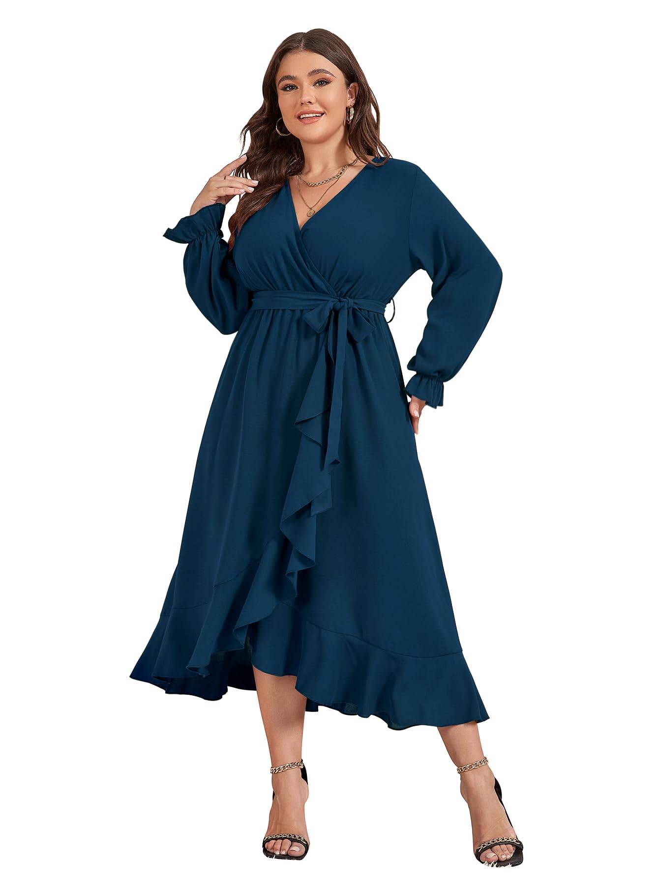 Women Plus Size Maxi Dress Wrap V Neck Dress