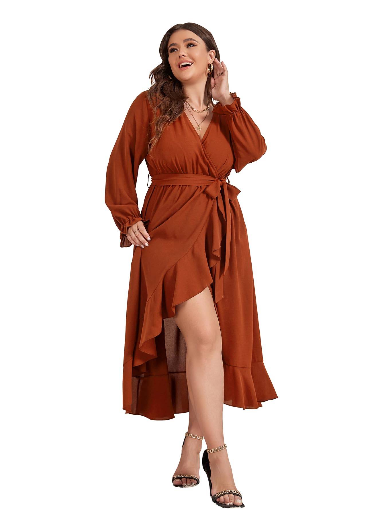 Women Plus Size Maxi Dress Wrap V Neck Dress