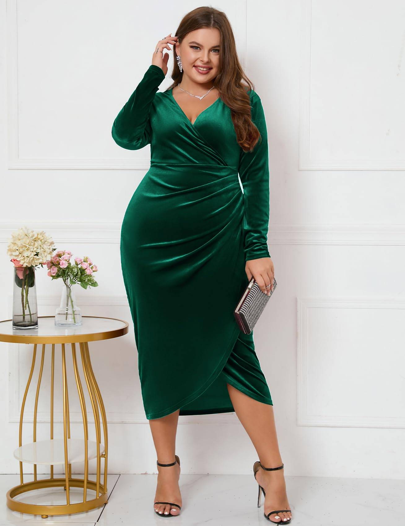 Plus Size Wrap Long Sleeves Ruffle Party Dress