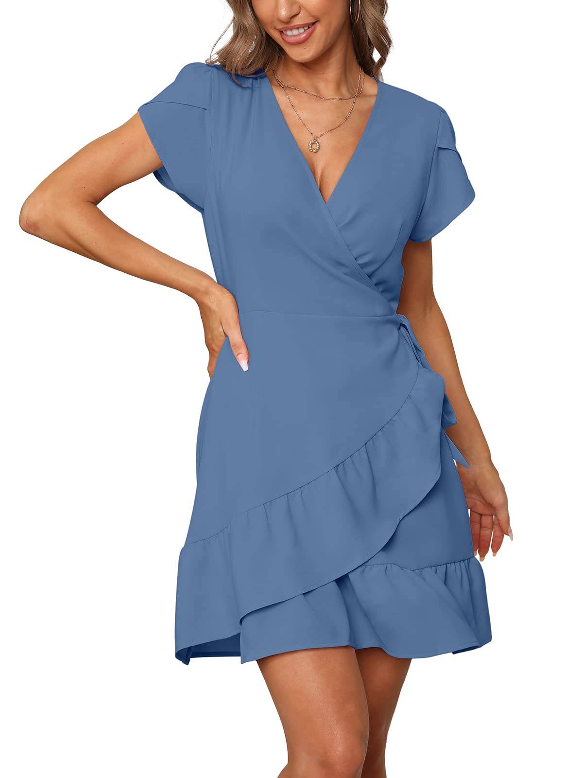 Summer V Neck Wrap Short Dress with Belt for Women