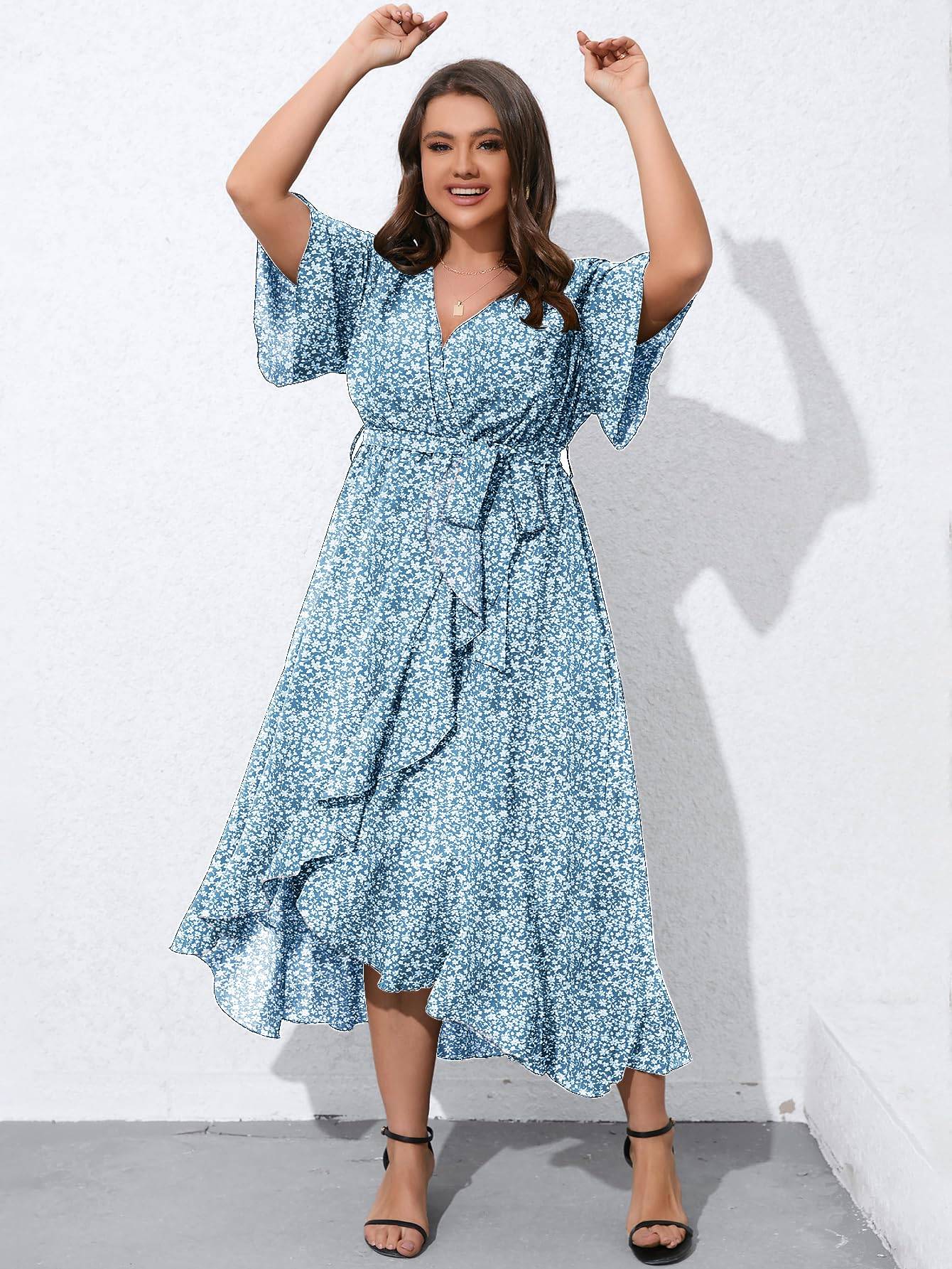 Women Plus Size Short Sleeve Wrap V Neck Dress