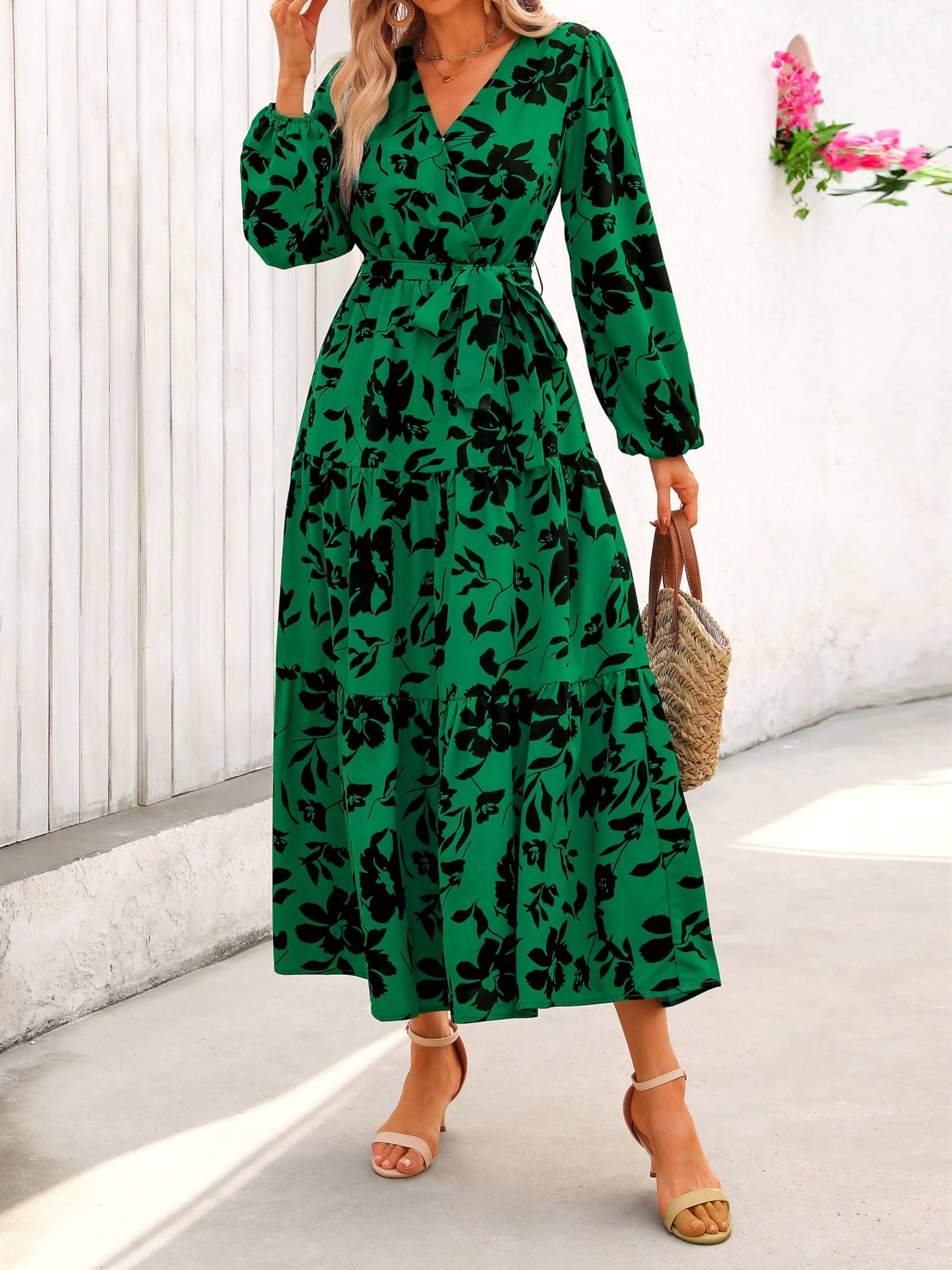 Womens Long Sleeve V Neck Floral Maxi Dress Boho