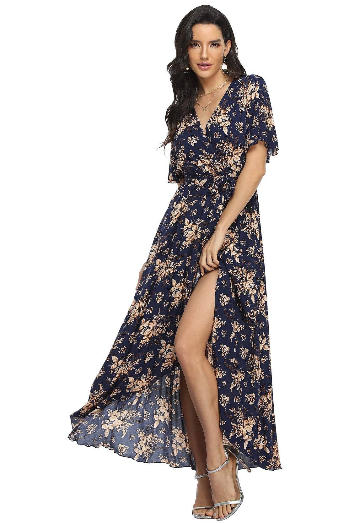 Women's Wrap V Neck Floral Summer Dresses Maxi