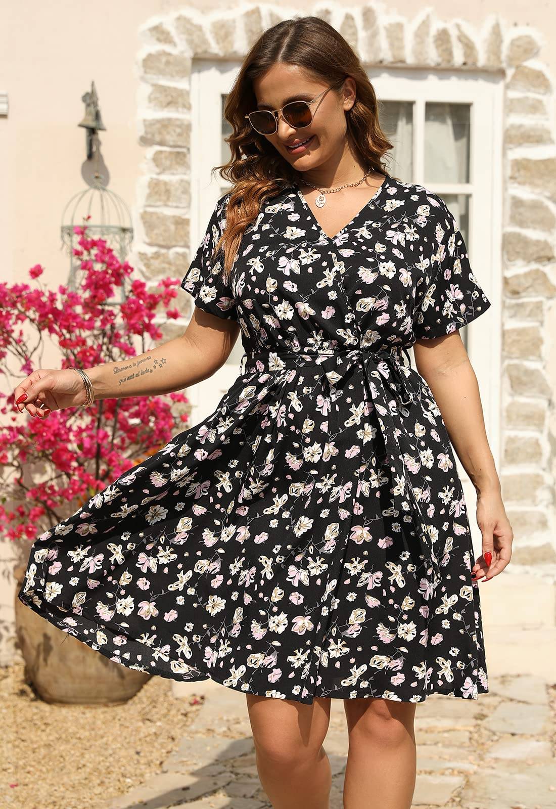 Womens Plus Size Boho Wrap Dress Floral Print