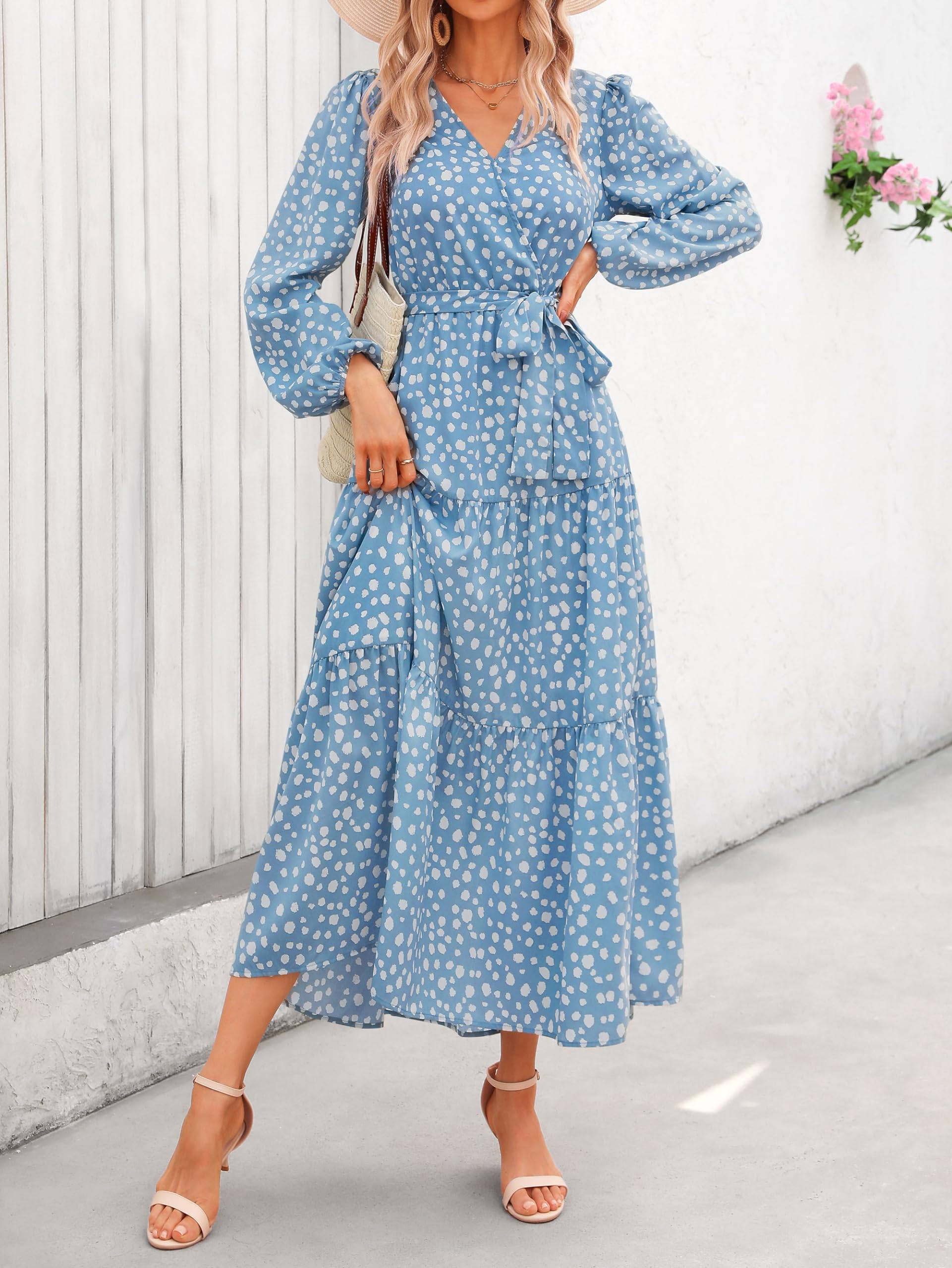 Womens Long Sleeve V Neck Floral Maxi Dress Boho