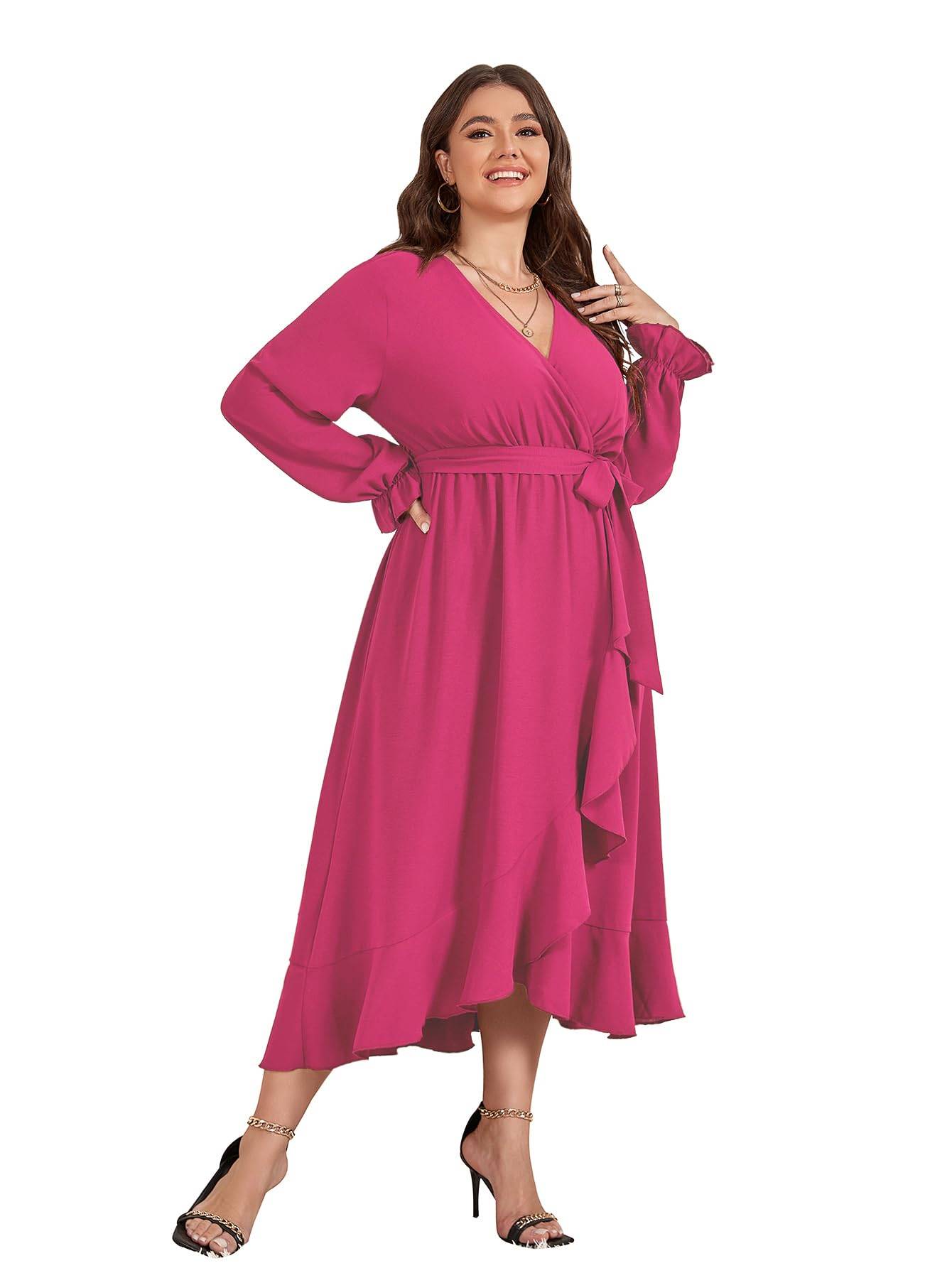 Women Plus Size Maxi Dress Wrap V Neck Dress