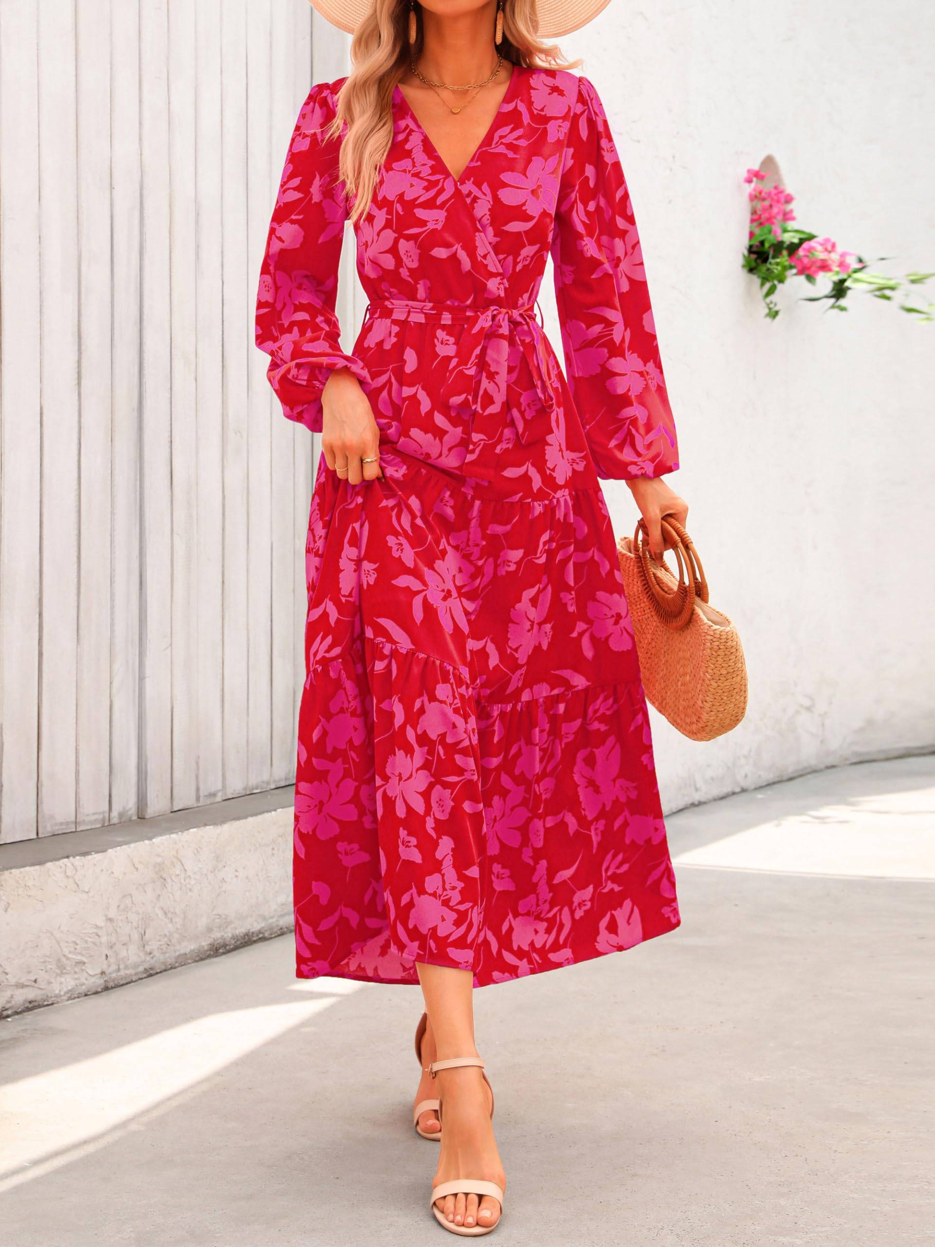 Womens Long Sleeve V Neck Floral Maxi Dress Boho