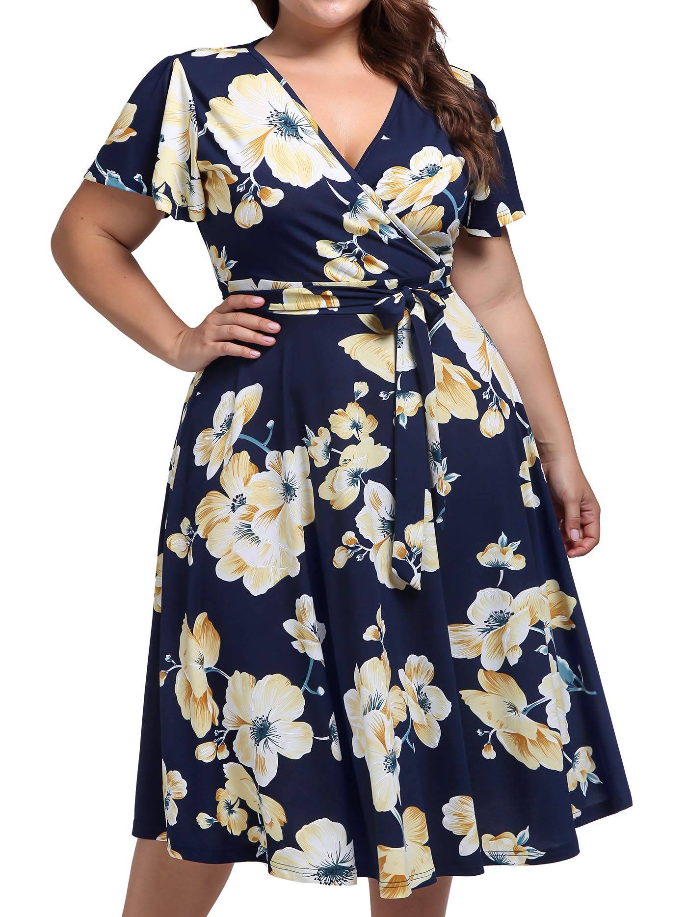 Plus Size Womens V Neck Floral Party Midi Dresses