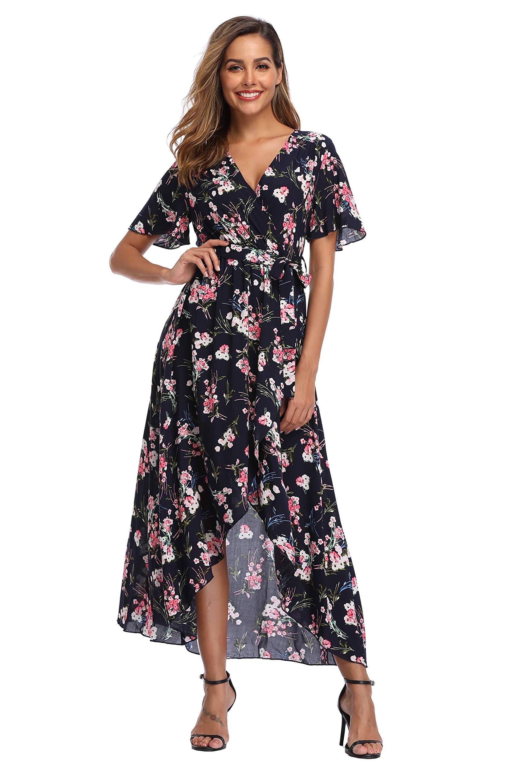 Women's Wrap V Neck Floral Summer Dresses Maxi