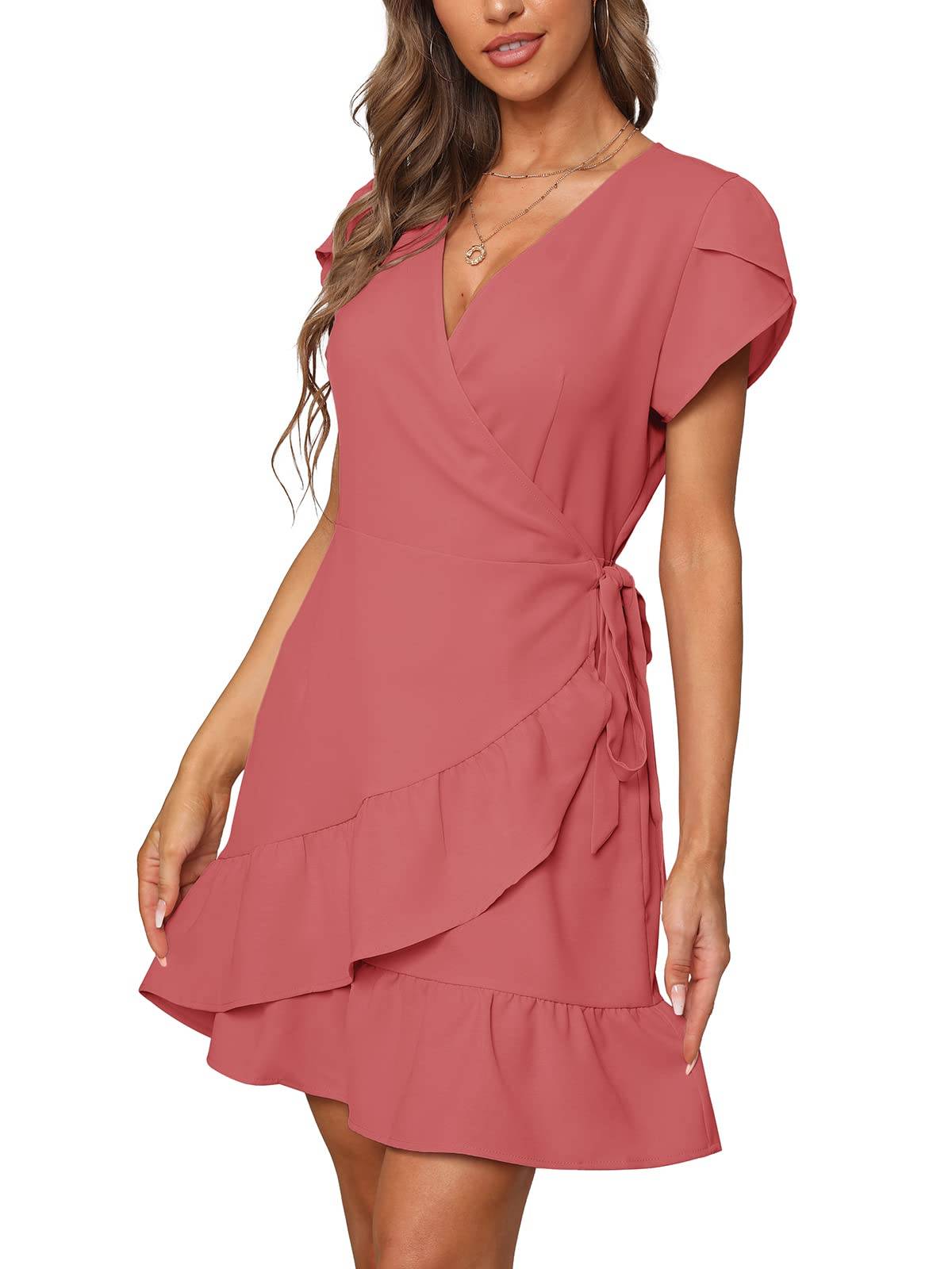 Summer V Neck Wrap Short Dress with Belt for Women