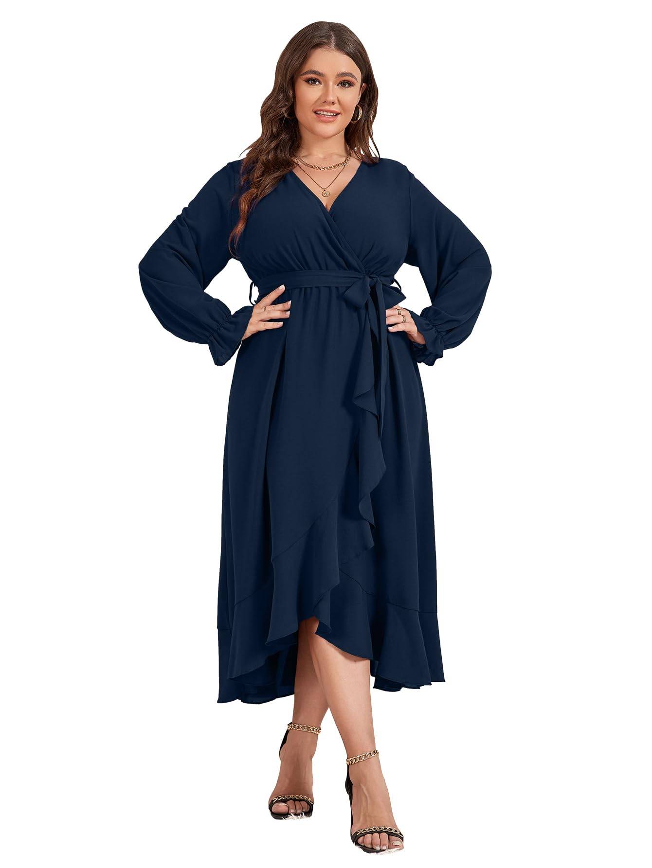 Women Plus Size Maxi Dress Wrap V Neck Dress