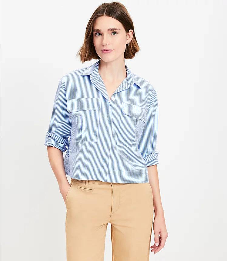 Striped Poplin Modern Utility Blouse for Work