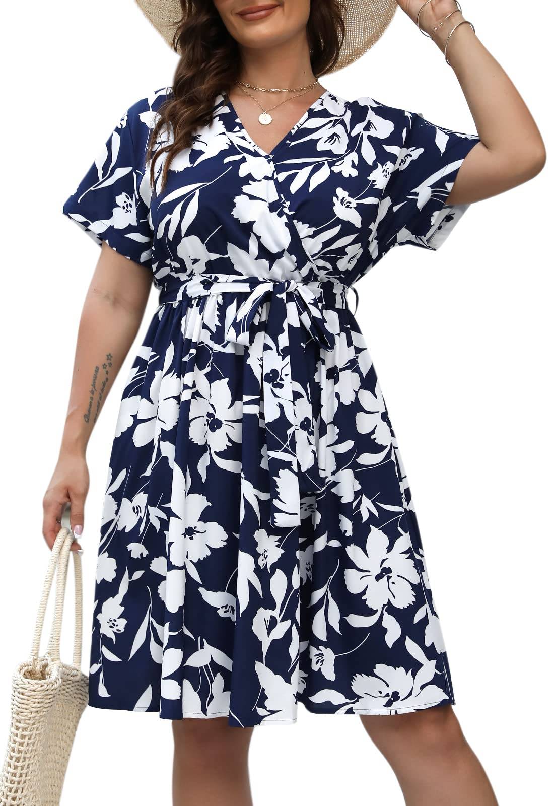 Womens Plus Size Boho Wrap Dress Floral Print