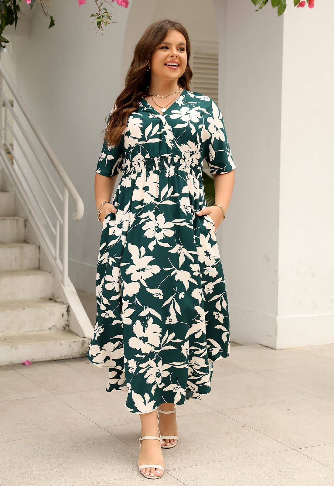 Womens Plus Size Boho Print Maxi Dress with Pocket