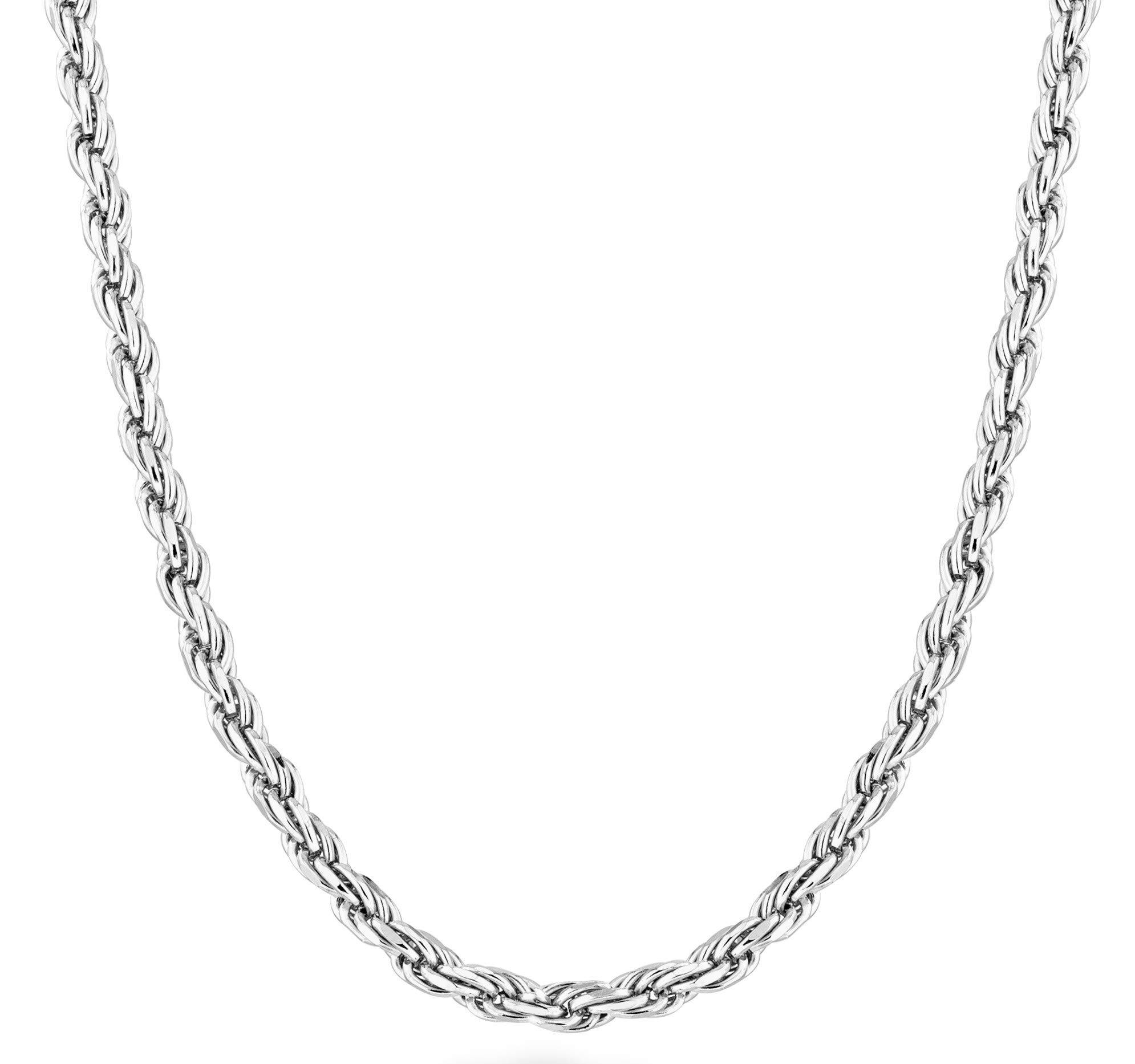 Solid 925 Sterling Silver Italian 2mm, 3mm Diamond-Cut Braided Rope Chain Necklace for Men Women, 925 Sterling Silver