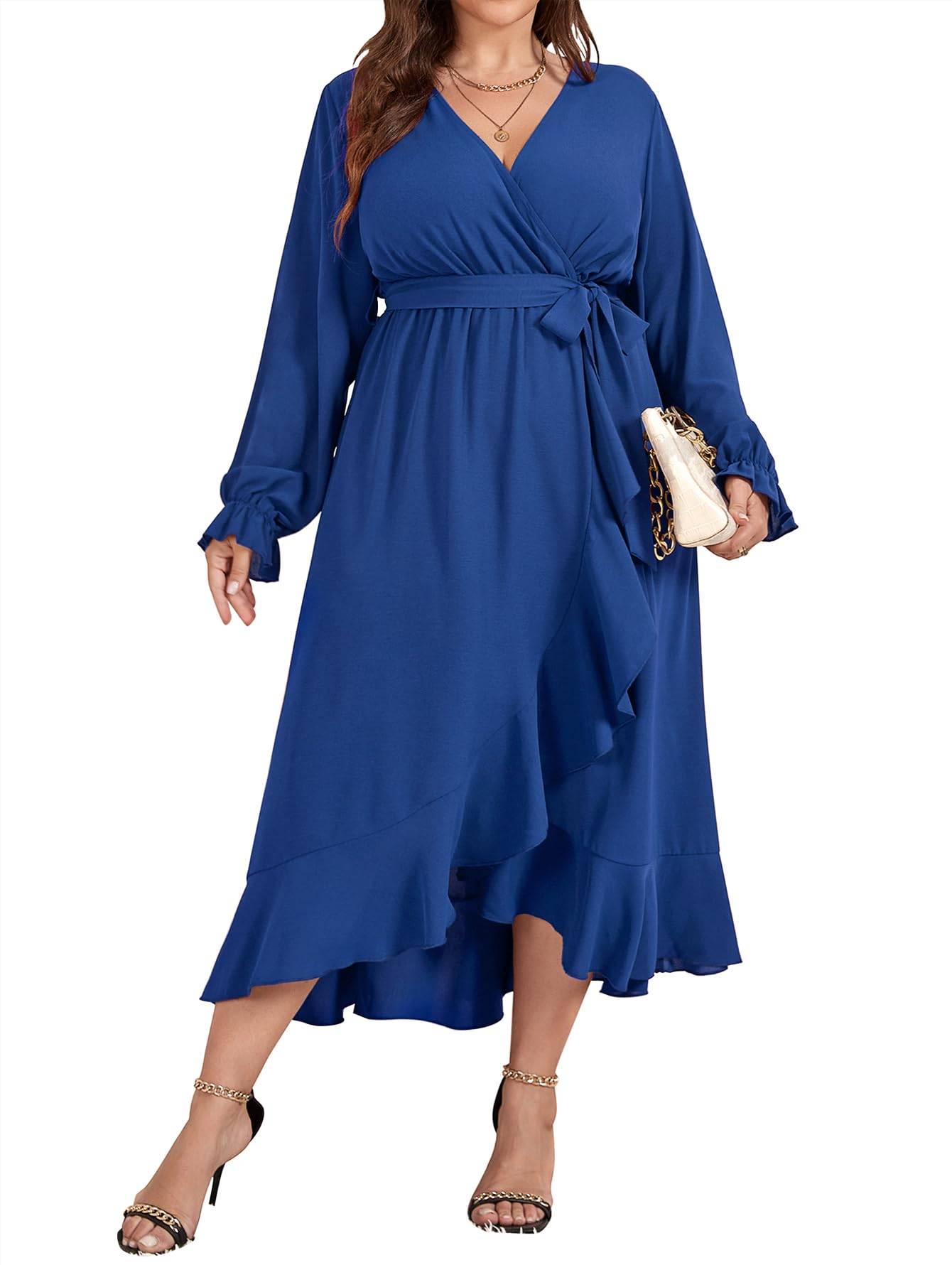 Women Plus Size Maxi Dress Wrap V Neck Dress