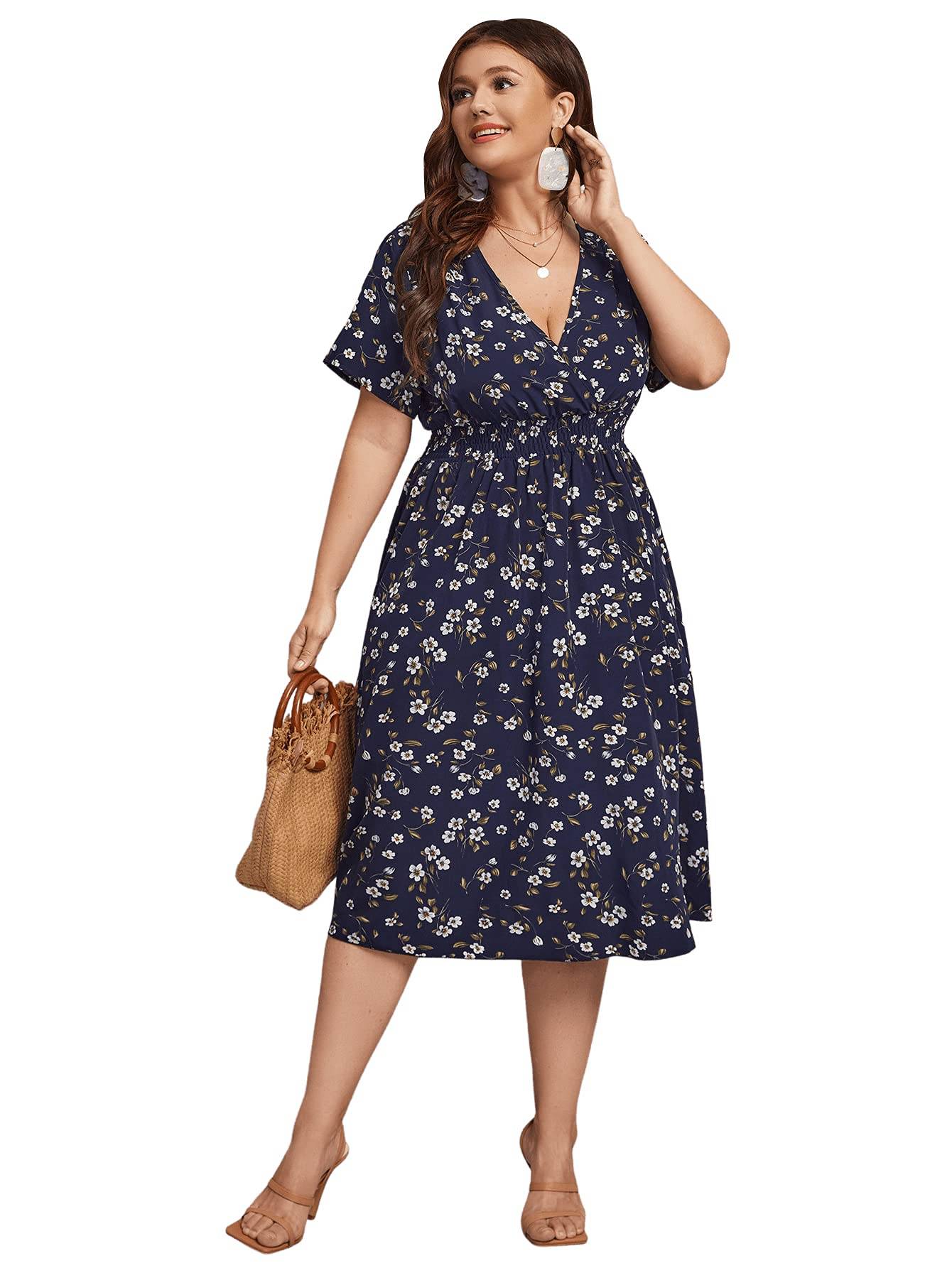 Women's Plus Size Boho Floral V Neck A Line Dress