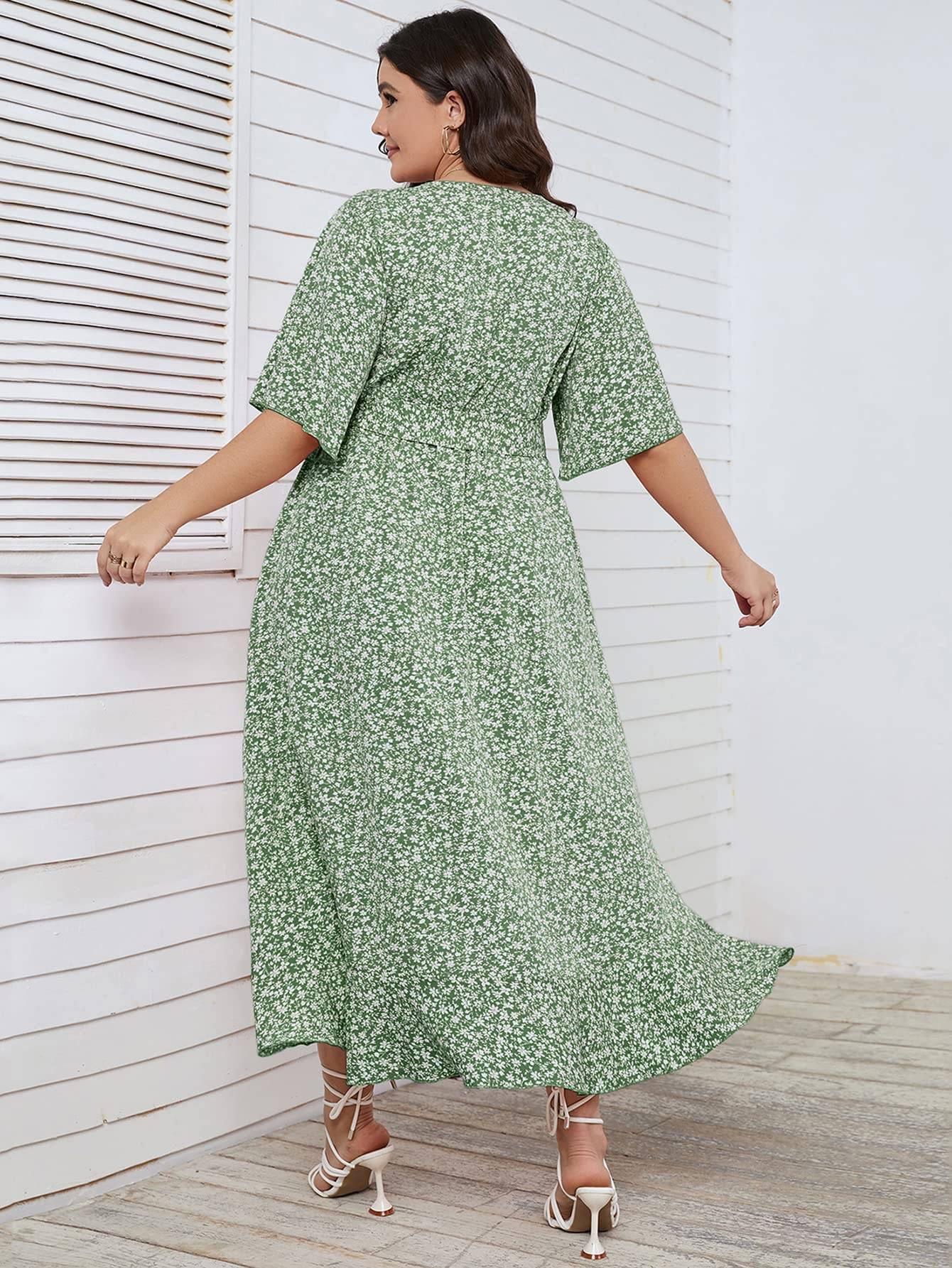 Women Plus Size Short Sleeve Wrap V Neck Dress