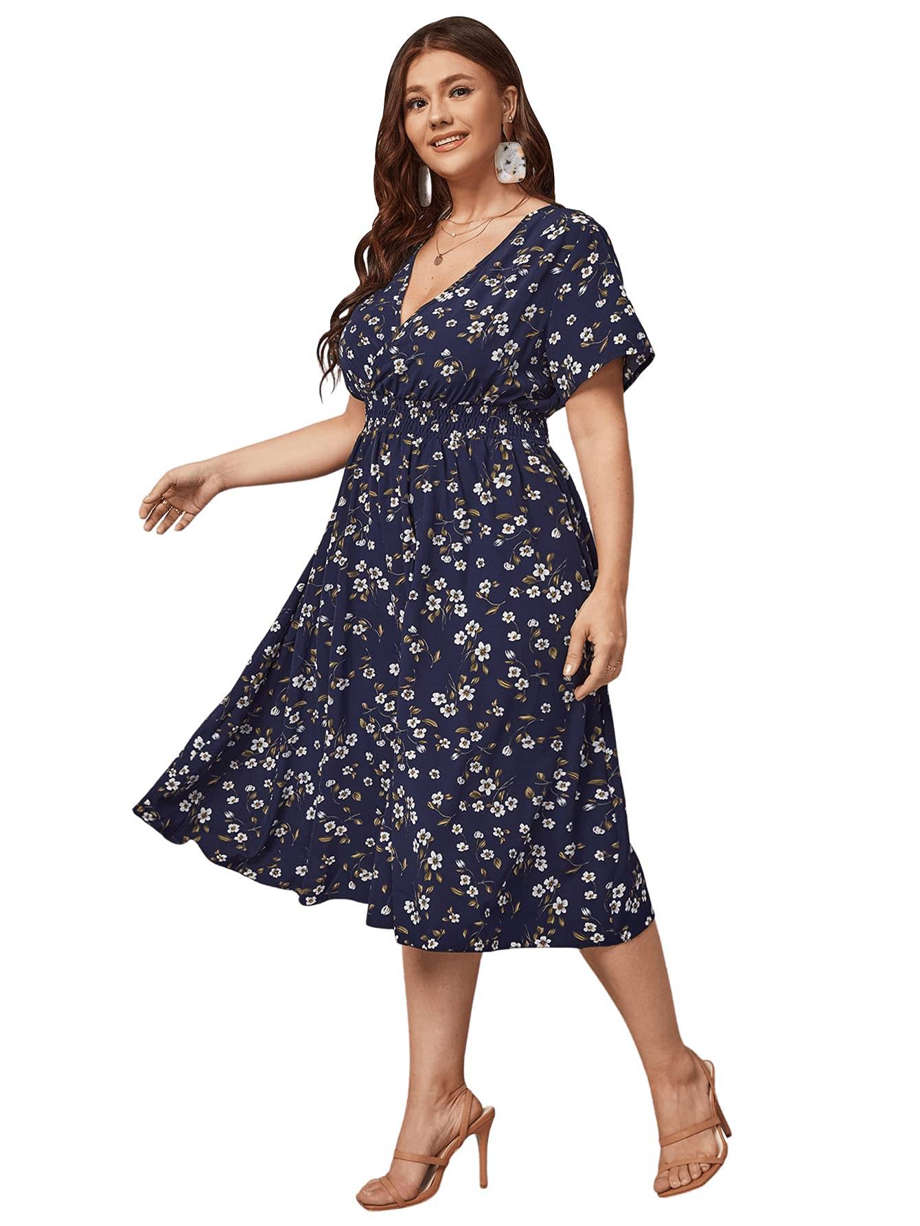 Women's Plus Size Boho Floral V Neck A Line Dress