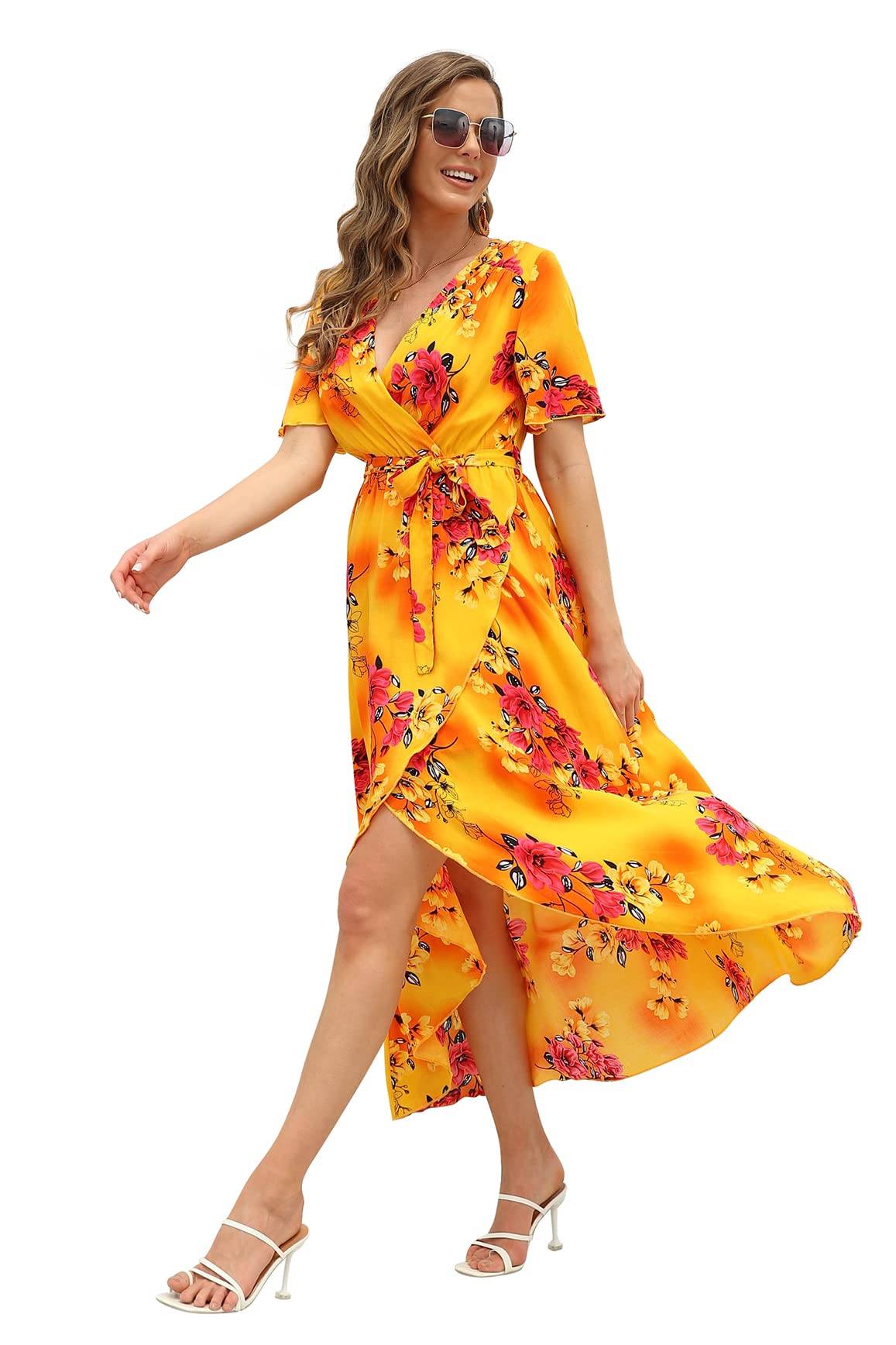 Women's Wrap V Neck Floral Summer Dresses Maxi