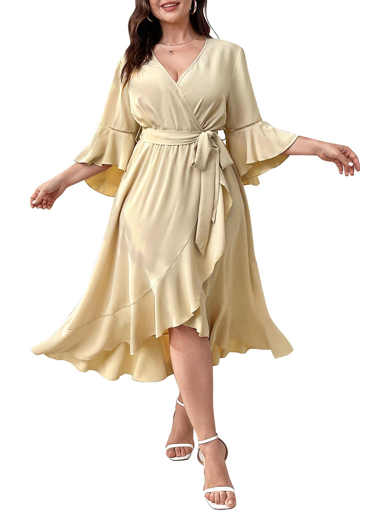 Women Plus Size Maxi Dress Wrap V Neck Dress