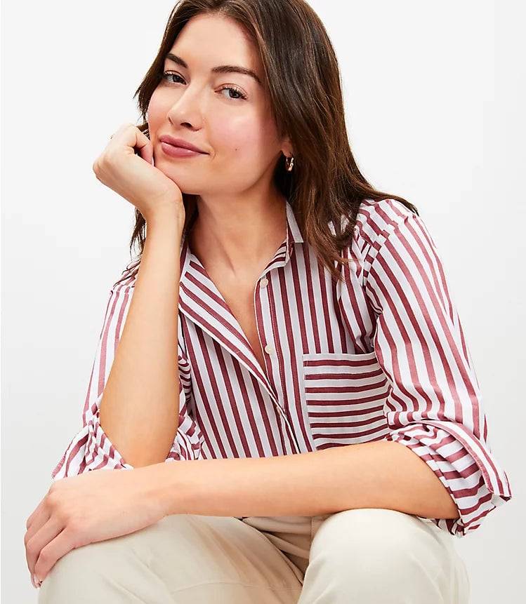 Striped Poplin Oversized Pocket Shirt Blouse for Work Daily