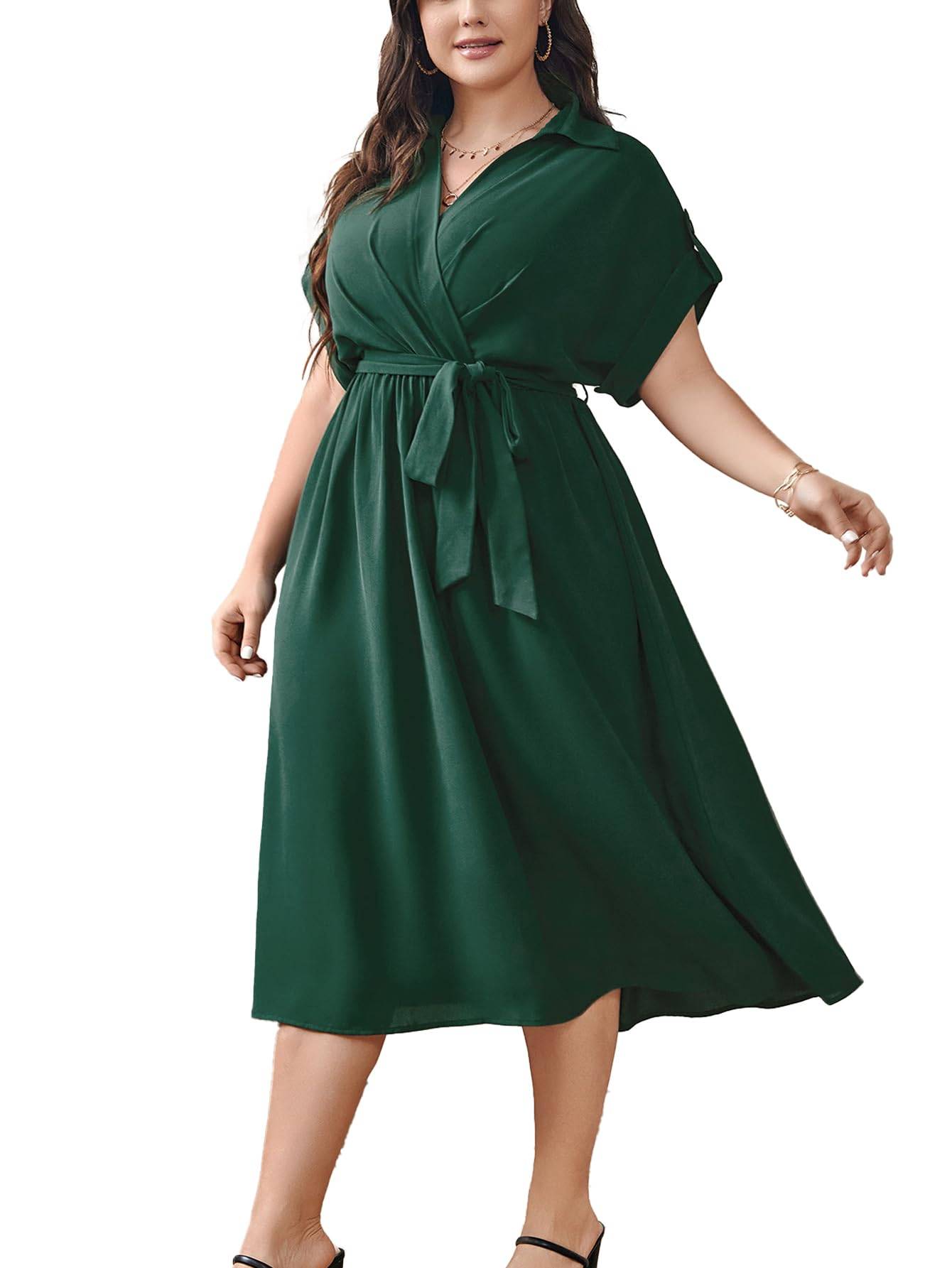 Womens Plus Size Midi Dress A line Wrap Tie Dress