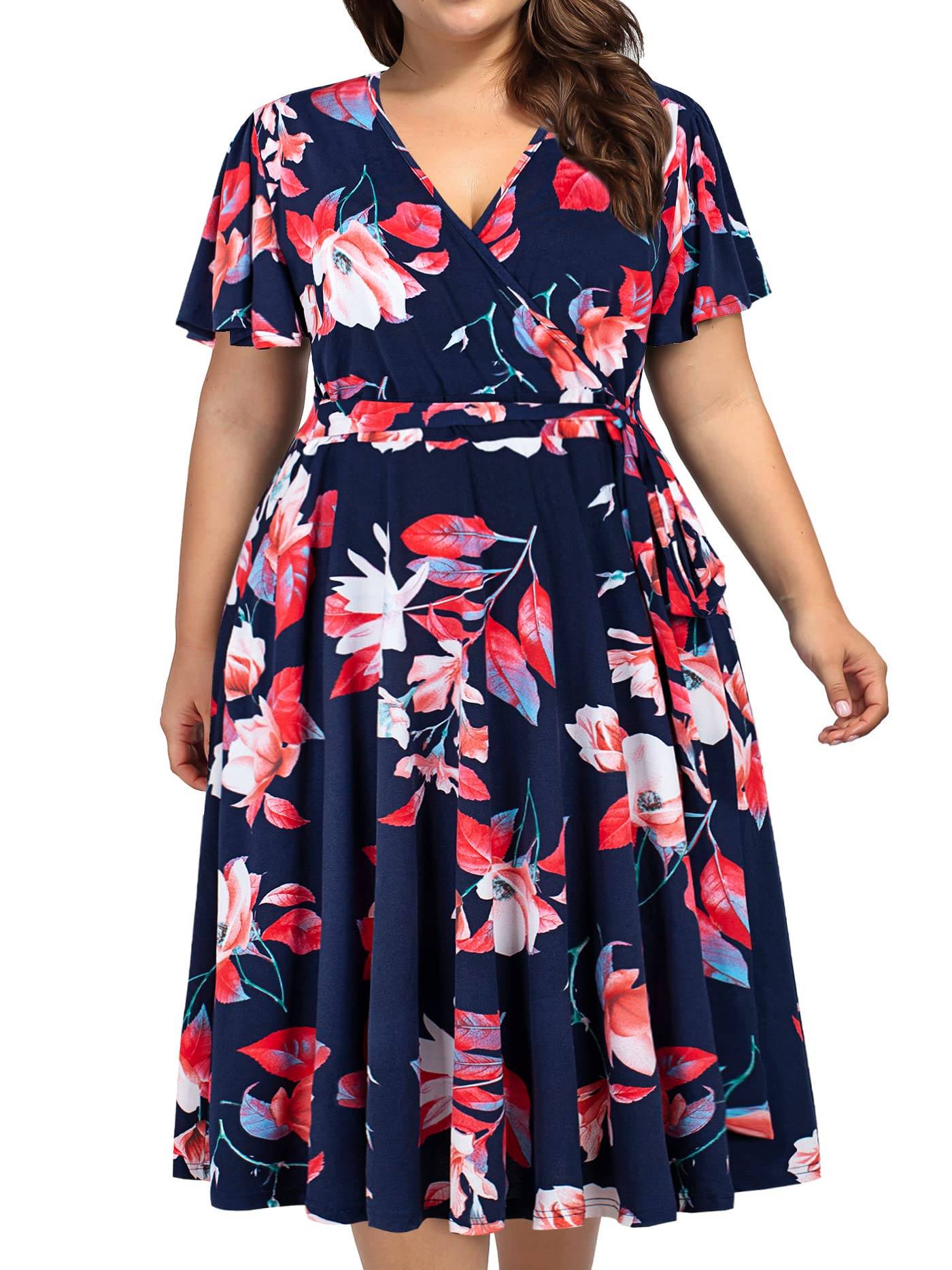 Plus Size Womens V Neck Floral Party Midi Dresses