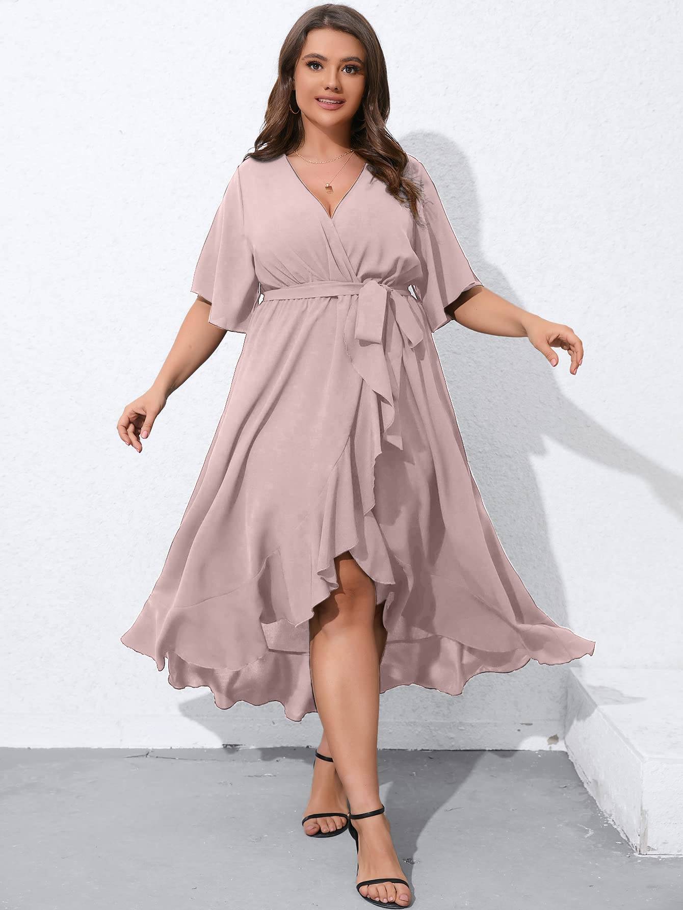 Women Plus Size Short Sleeve Wrap V Neck Dress