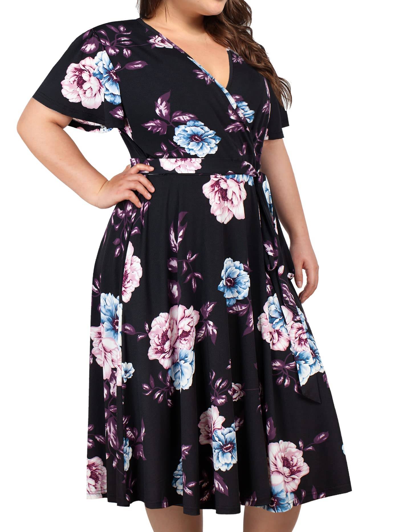 Plus Size Womens V Neck Floral Party Midi Dresses