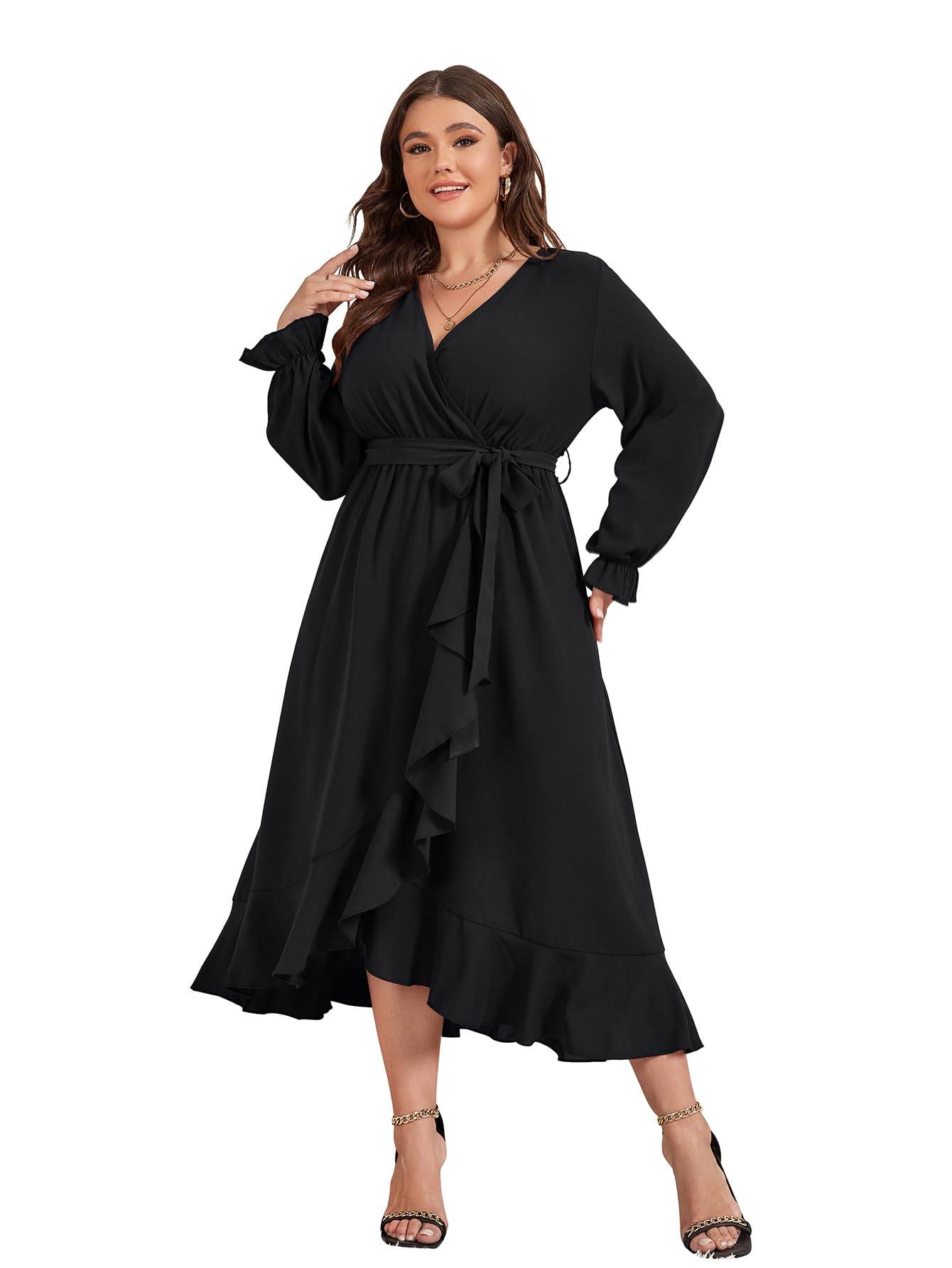 Women Plus Size Maxi Dress Wrap V Neck Dress