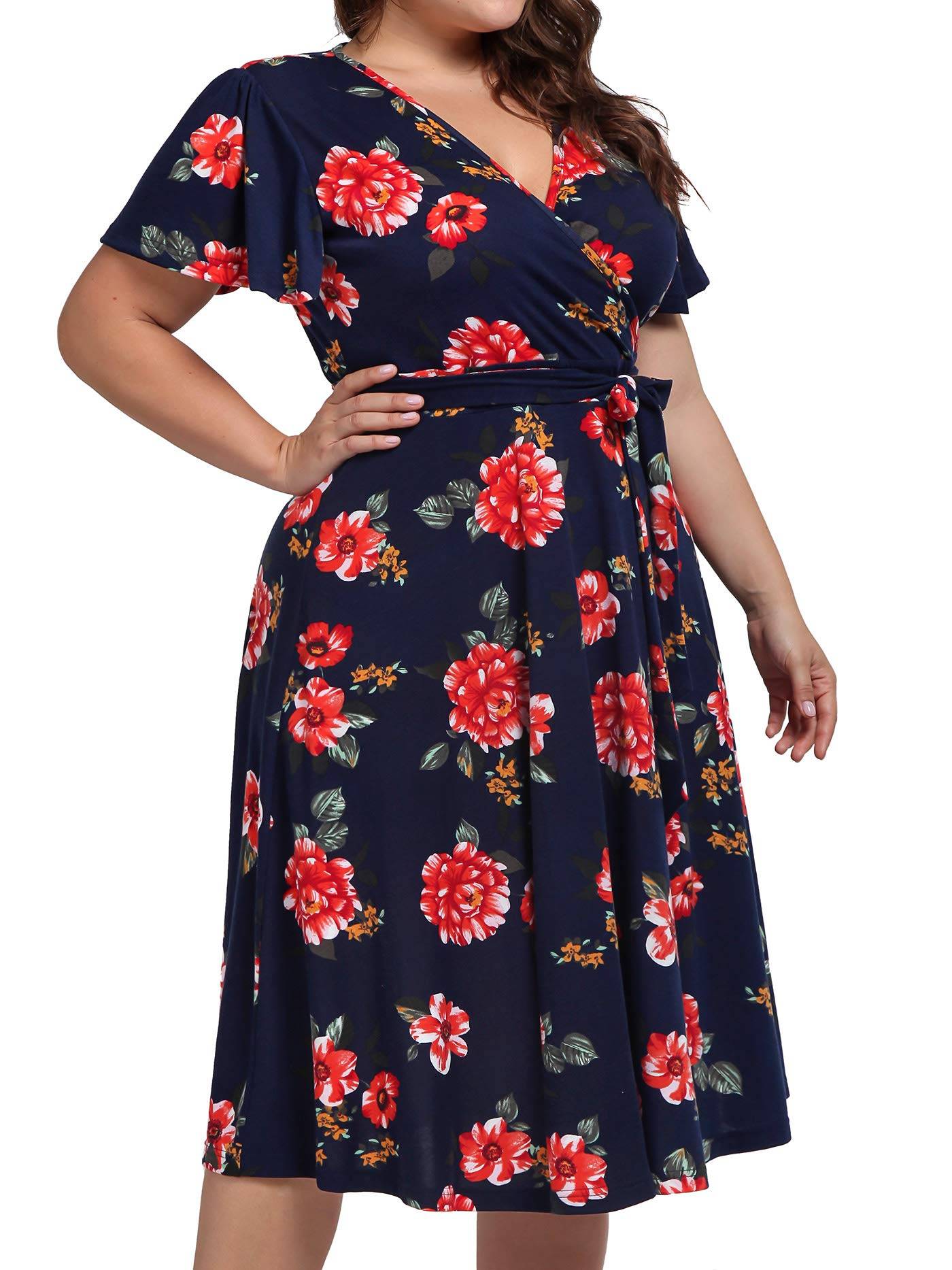 Plus Size Womens V Neck Floral Party Midi Dresses