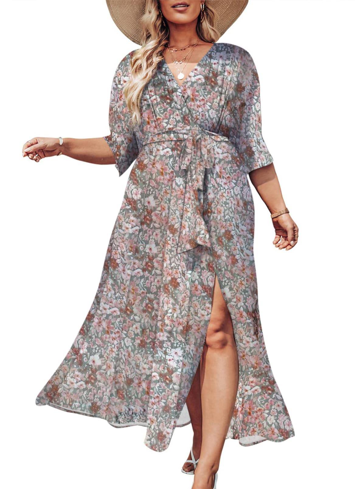 Womens Plus Size V Neck Boho Dress Maxi Dresses