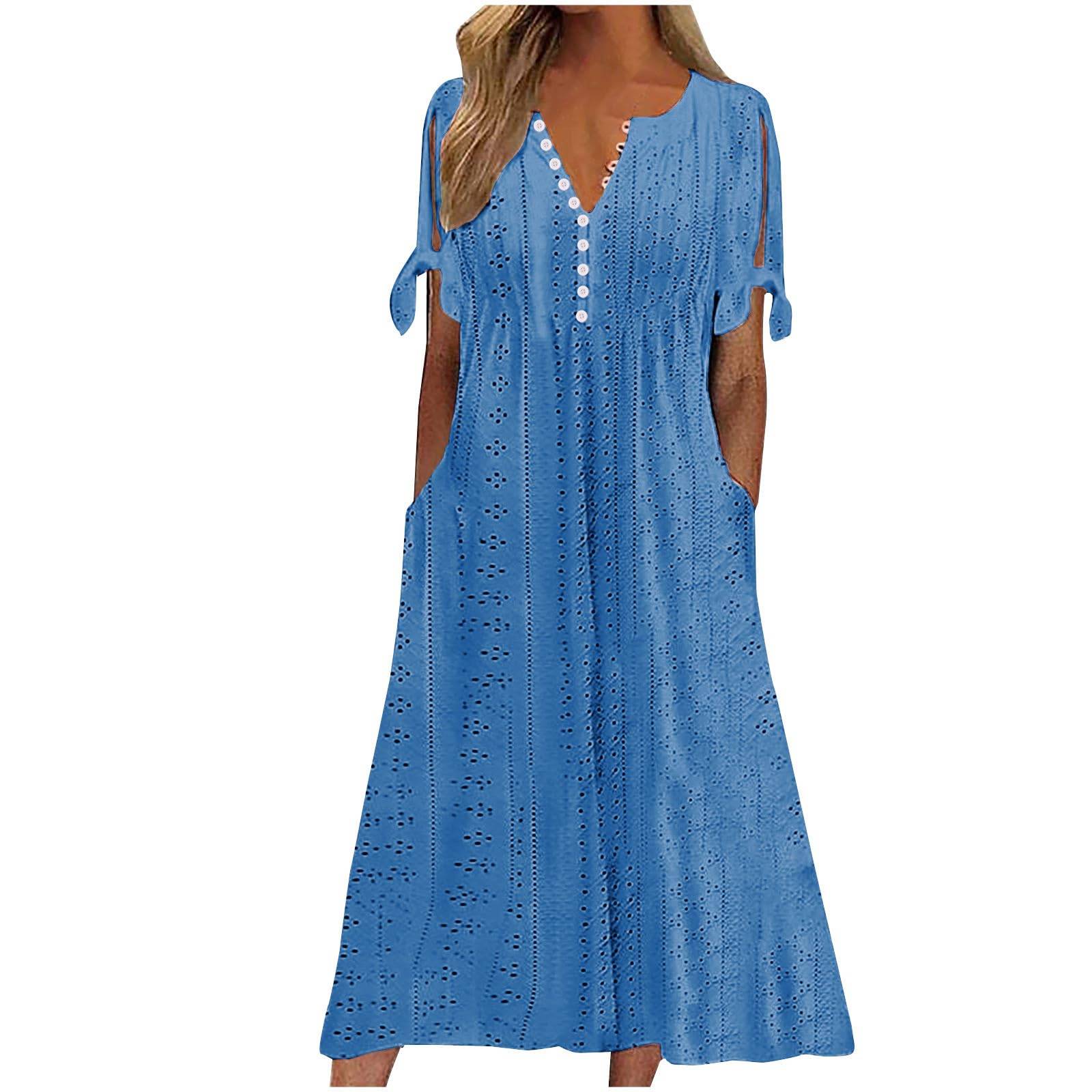 Womens Maxi Long Dress Boho V Neck Pockets Dresses