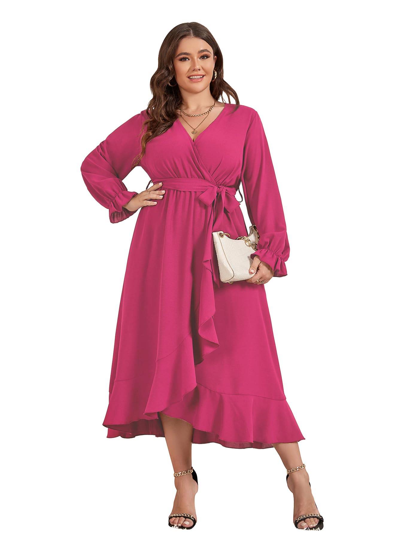 Women Plus Size Maxi Dress Wrap V Neck Dress