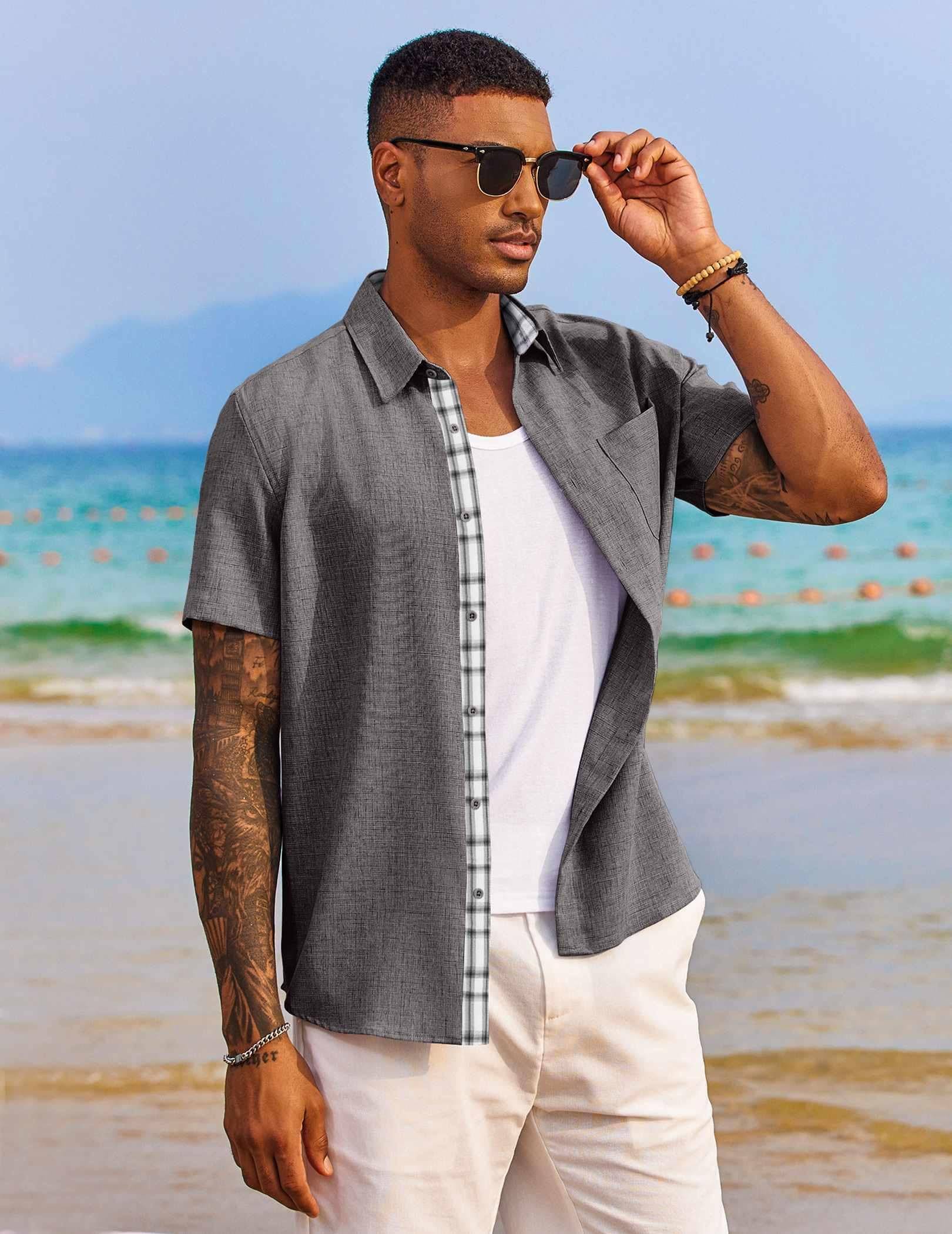 Men's Button Down Shirts Short Sleeve Casual Shirts Summer Beach Shirts Vacation Wedding Shirts with Pocket