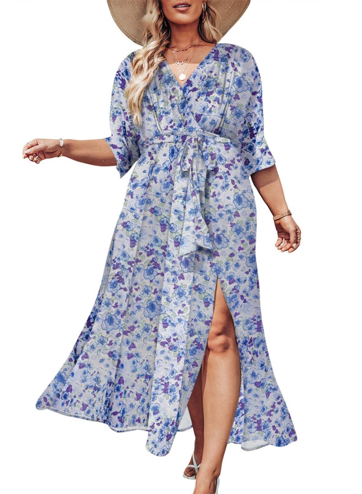 Womens Plus Size V Neck Boho Dress Maxi Dresses