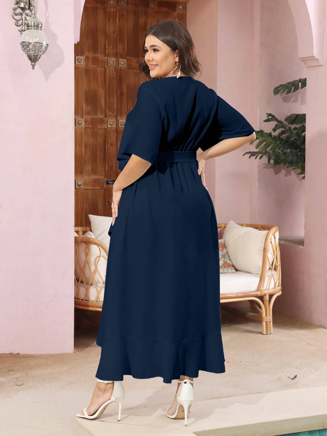 Women Plus Size Short Sleeve Wrap V Neck Dress