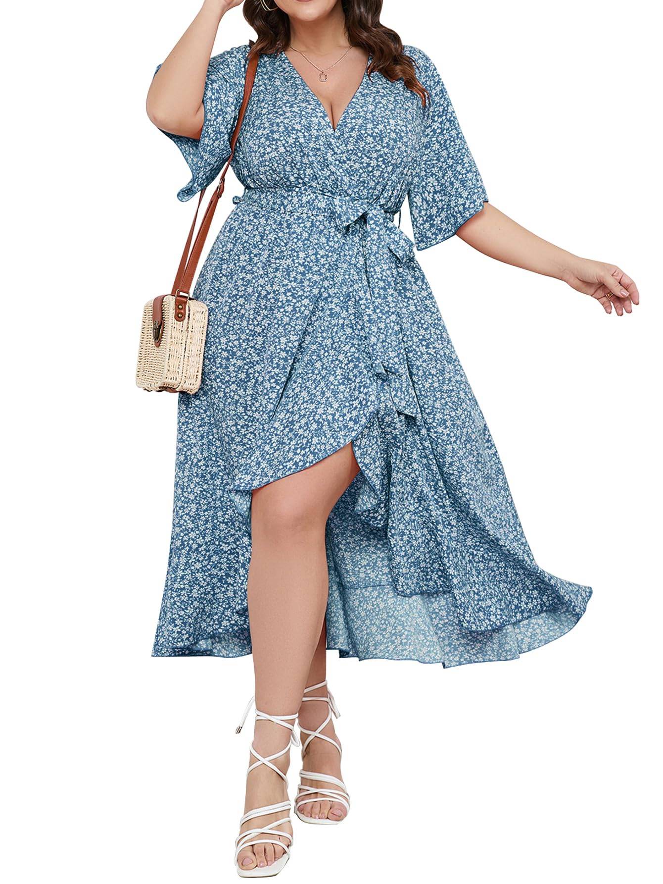 Women Plus Size Short Sleeve Wrap V Neck Dress