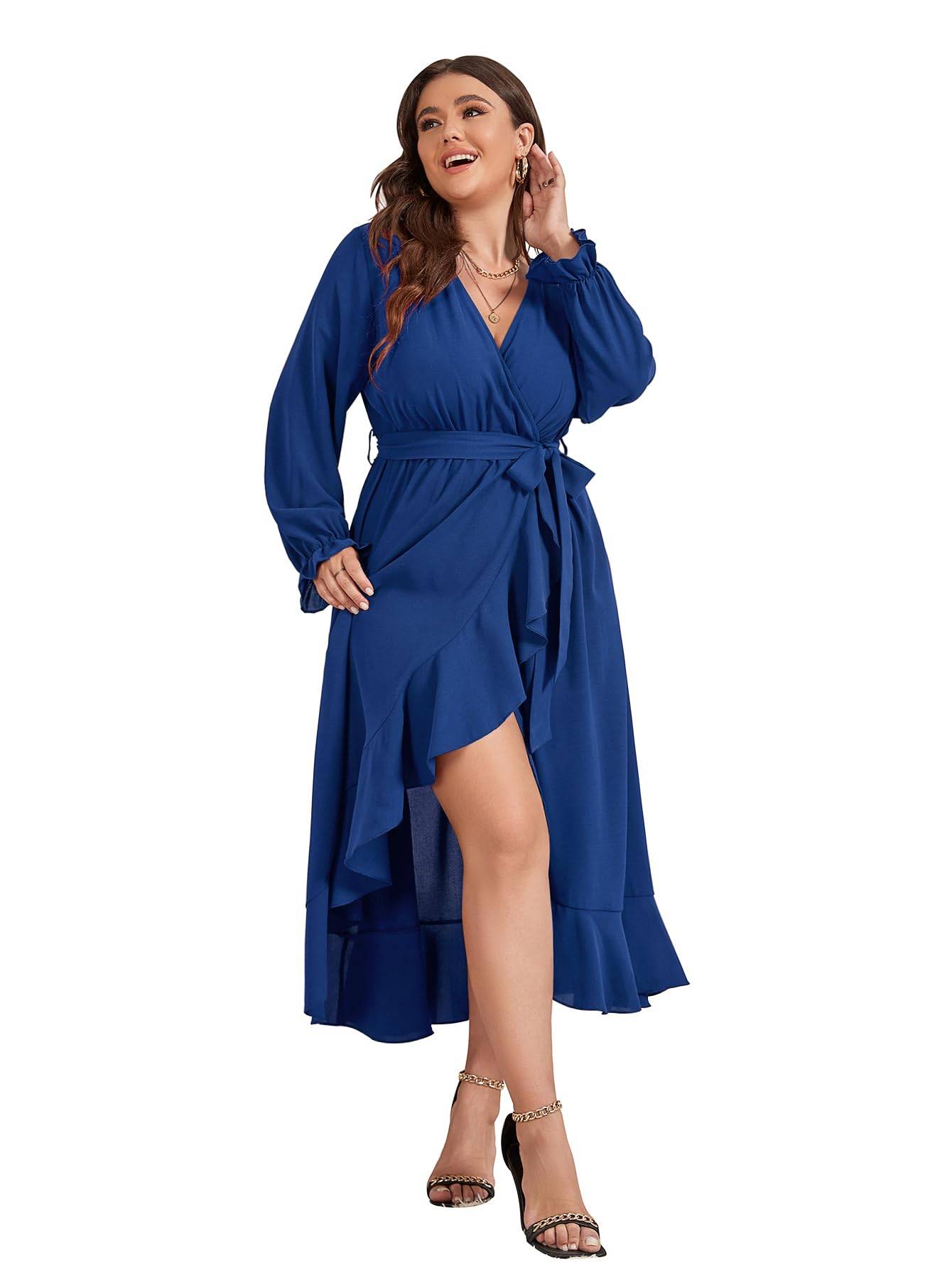 Women Plus Size Maxi Dress Wrap V Neck Dress