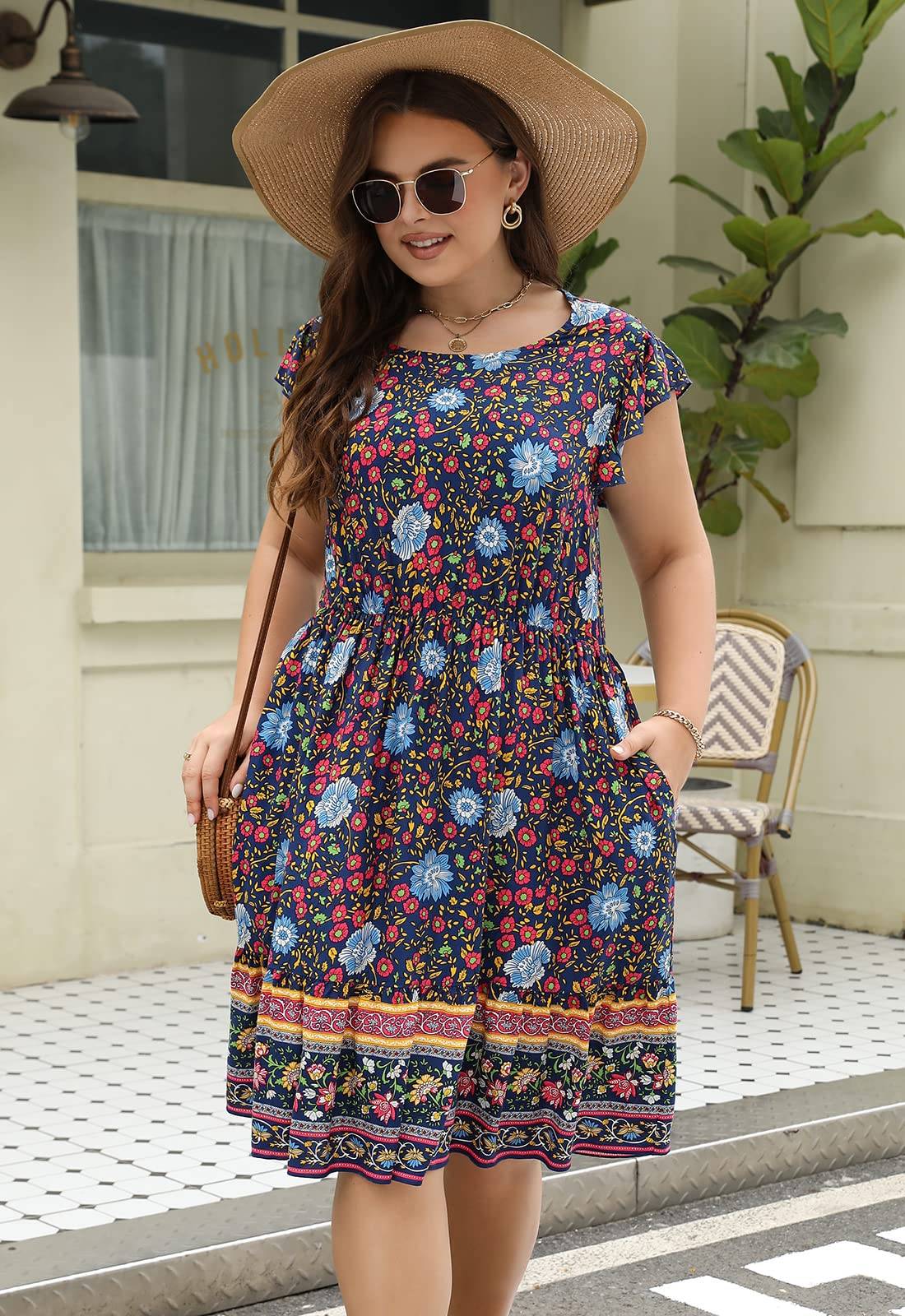 Plus Size Dresses Women Boho Floral Midi Dress