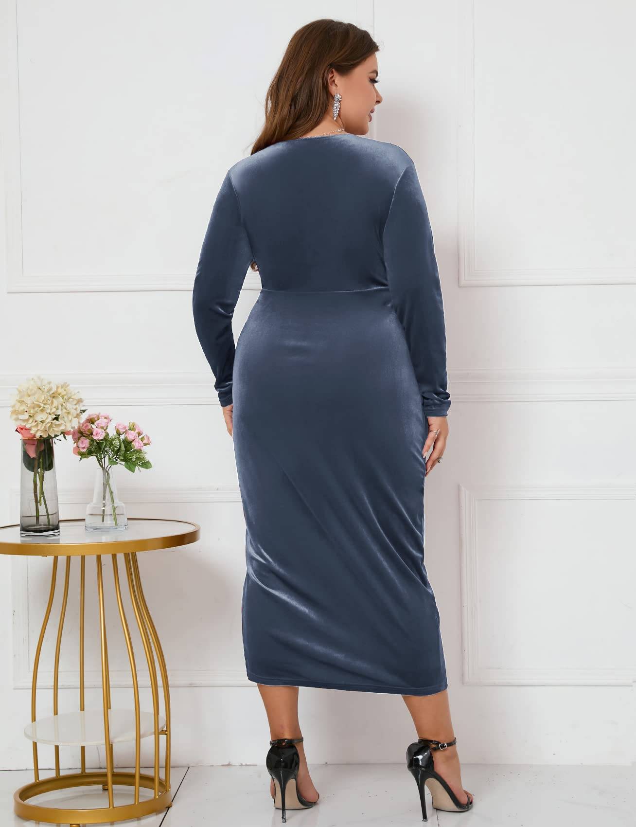 Plus Size Wrap Long Sleeves Ruffle Party Dress