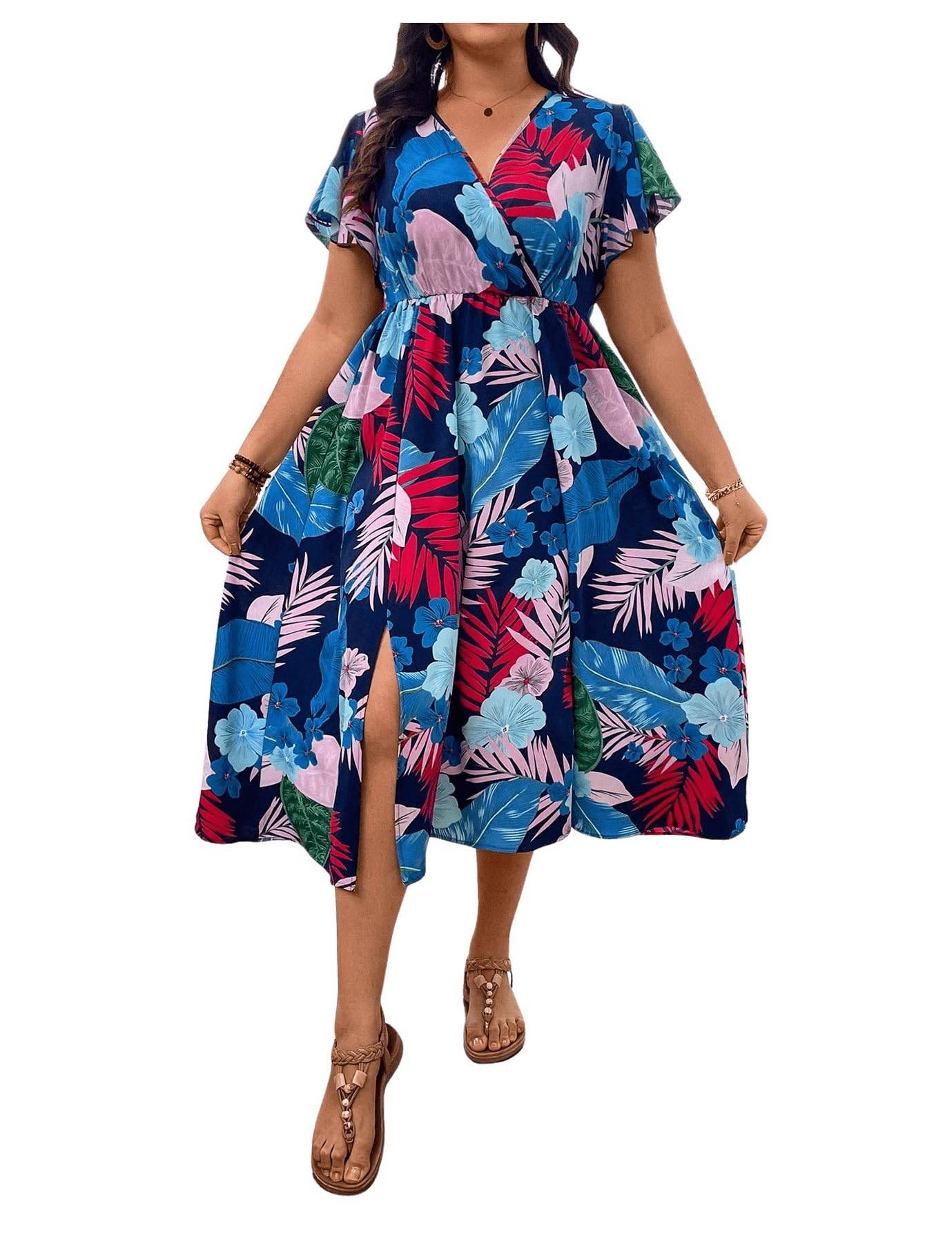 Women's Plus Size Boho Floral V Neck A Line Dress