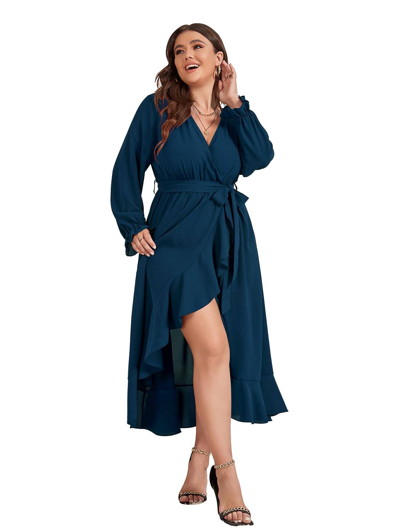 Women Plus Size Maxi Dress Wrap V Neck Dress