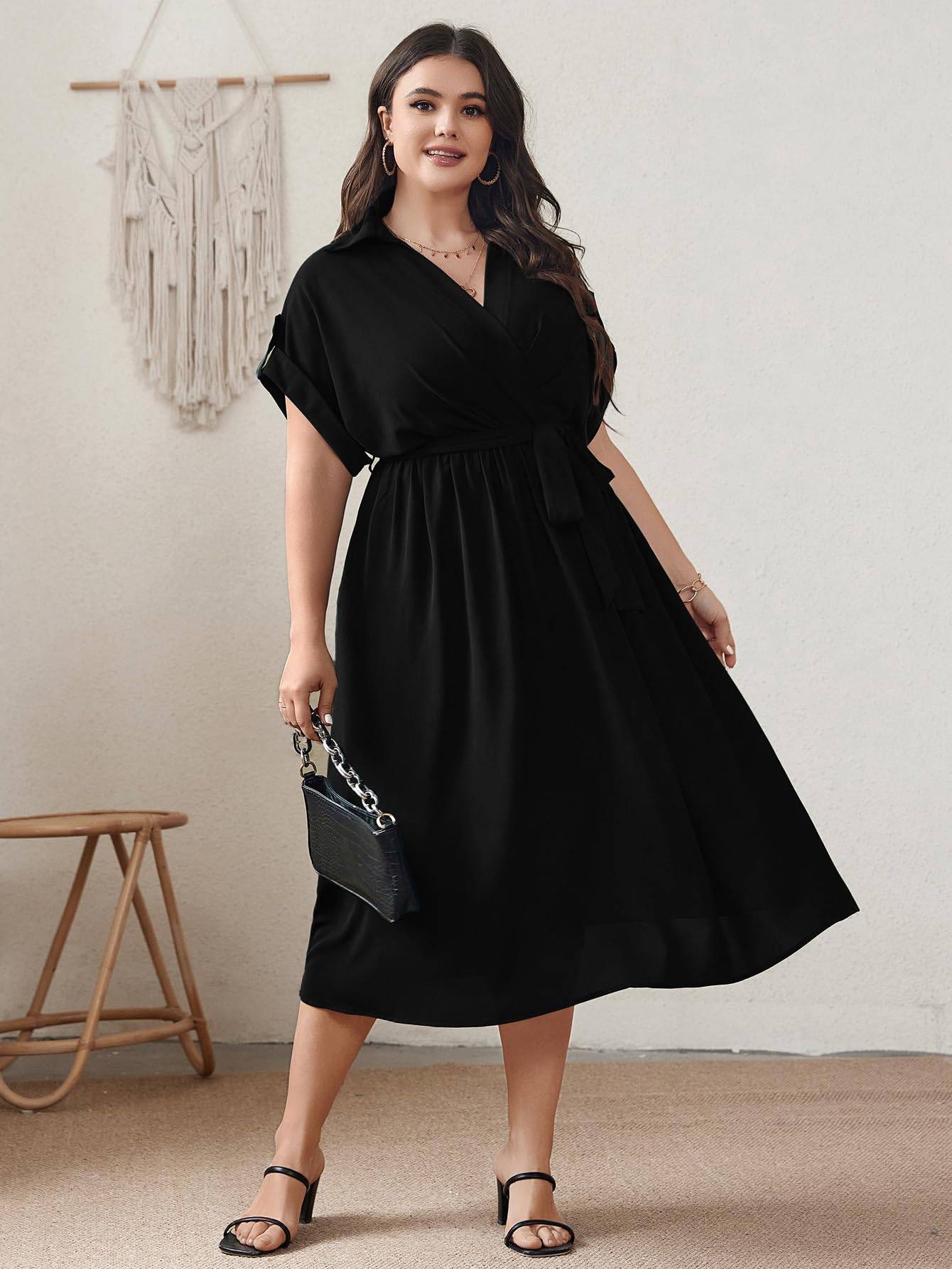 Womens Plus Size Midi Dress A line Wrap Tie Dress